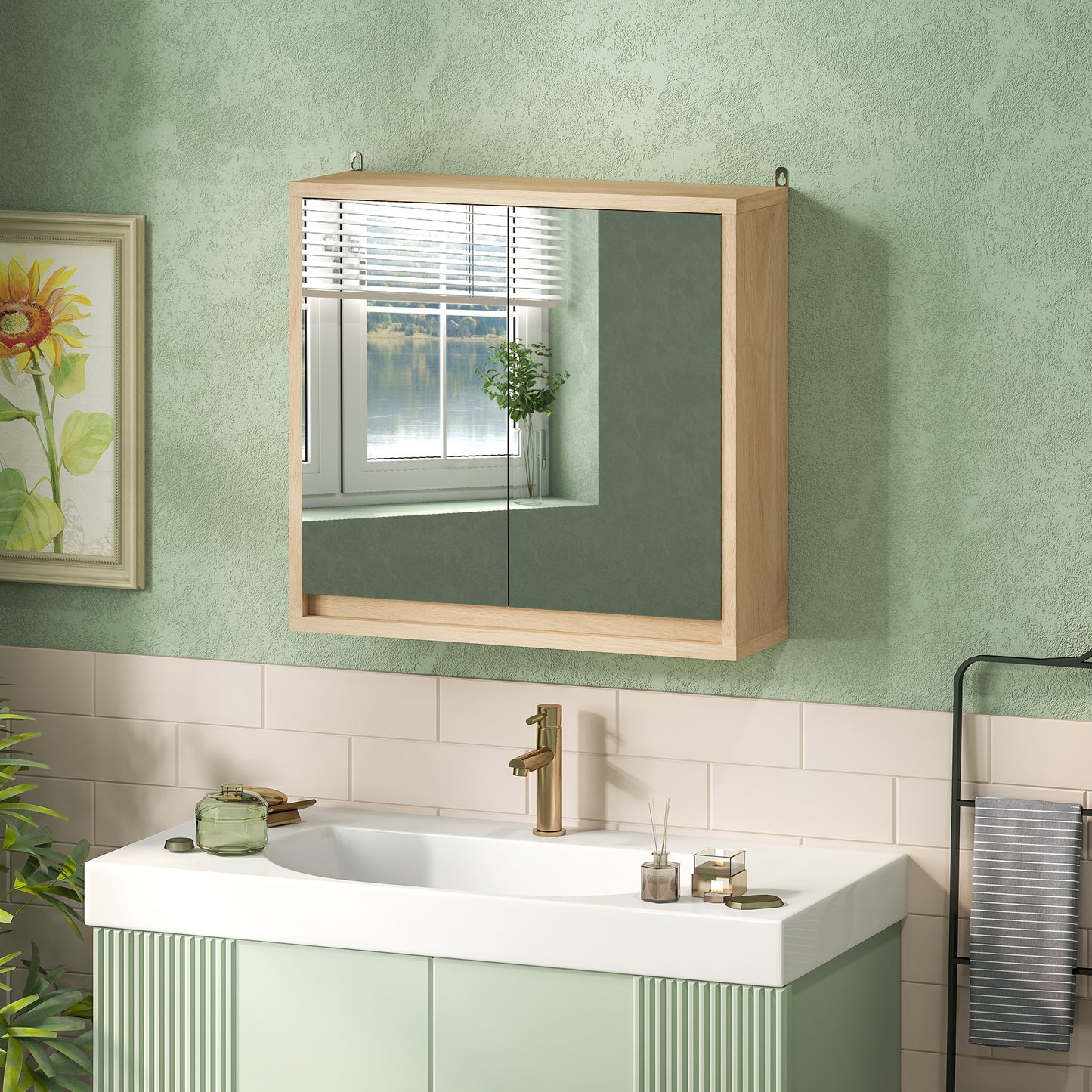 HOMCOM Armario de Baño con Espejo con 2 Puertas y Estante Ajustable Mueble Colgante de Baño para Aseo Estilo Moderno 48x14,5x45 cm Madera Natural