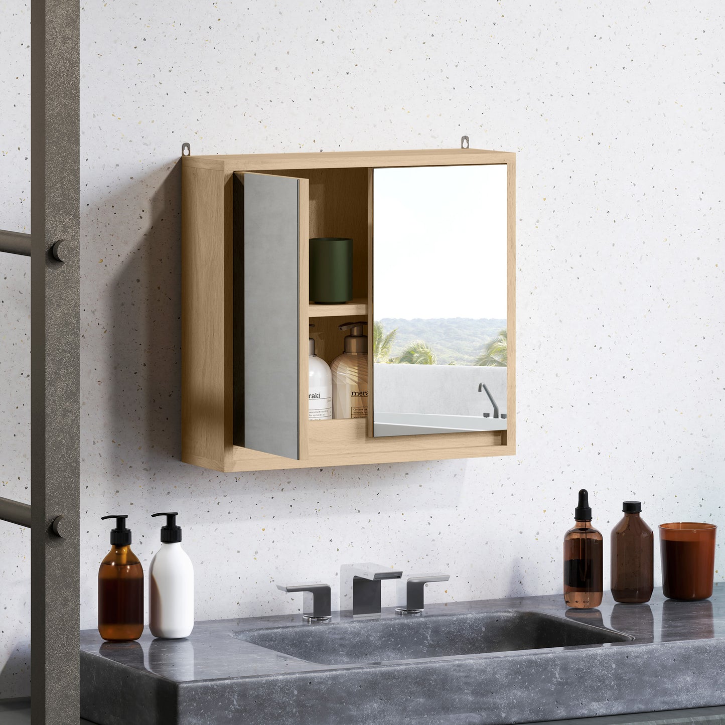 HOMCOM Armario de Baño con Espejo con 2 Puertas y Estante Ajustable Mueble Colgante de Baño para Aseo Estilo Moderno 48x14,5x45 cm Madera Natural