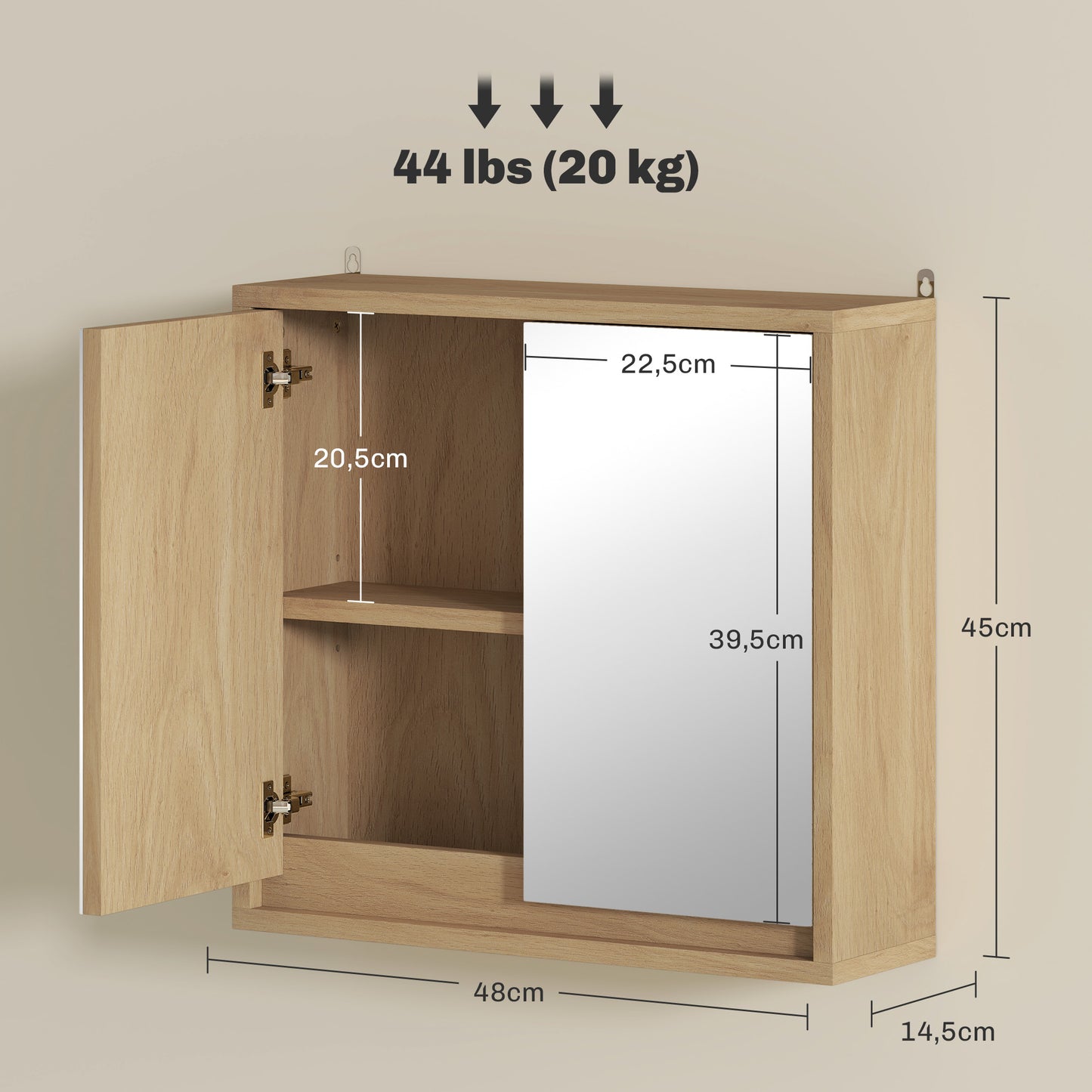 HOMCOM Armario de Baño con Espejo con 2 Puertas y Estante Ajustable Mueble Colgante de Baño para Aseo Estilo Moderno 48x14,5x45 cm Madera Natural