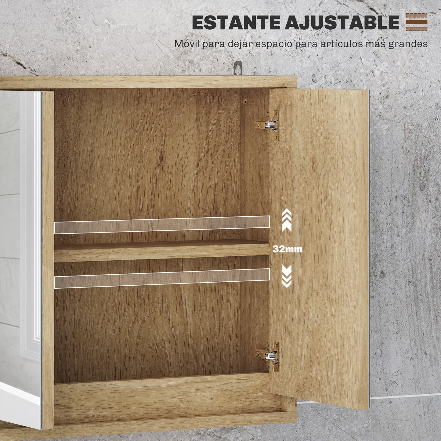 HOMCOM Armario de Baño con Espejo con 2 Puertas y Estante Ajustable Mueble Colgante de Baño para Aseo Estilo Moderno 48x14,5x45 cm Madera Natural