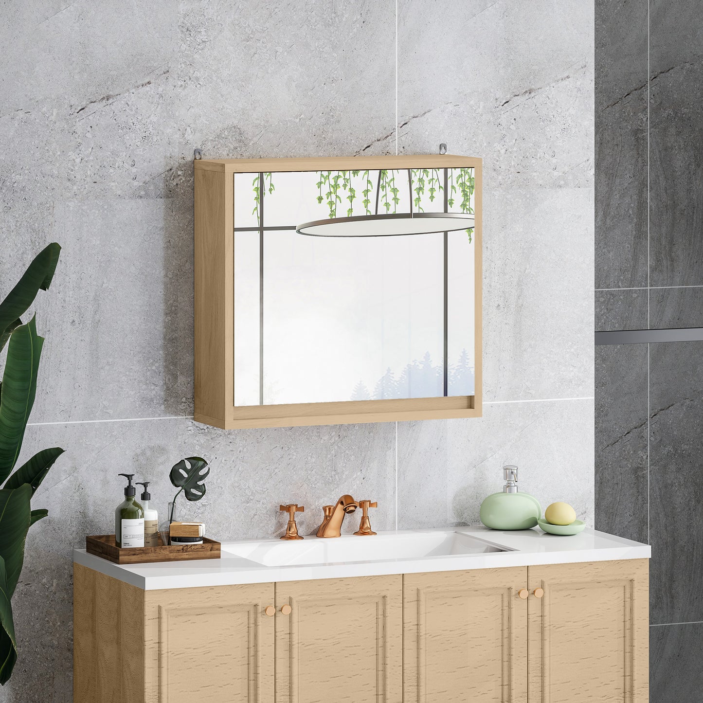 HOMCOM Armario de Baño con Espejo con 2 Puertas y Estante Ajustable Mueble Colgante de Baño para Aseo Estilo Moderno 48x14,5x45 cm Madera Natural