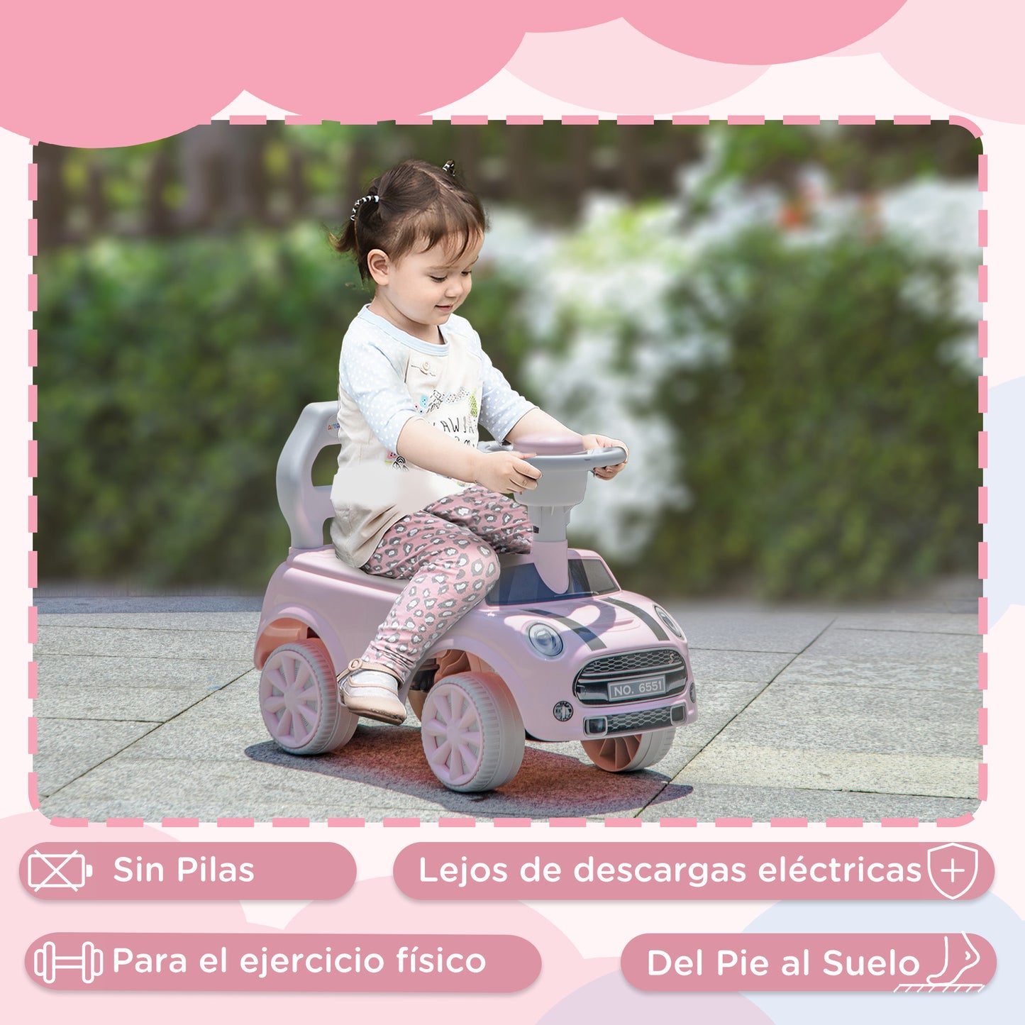 AIYAPLAY Correpasillos para Bebés de 18 a 36 Meses Coche Correpasillos con Volante Bocina y Sistema de Antivuelco Carga 25 kg 53x25x35 cm Rosa