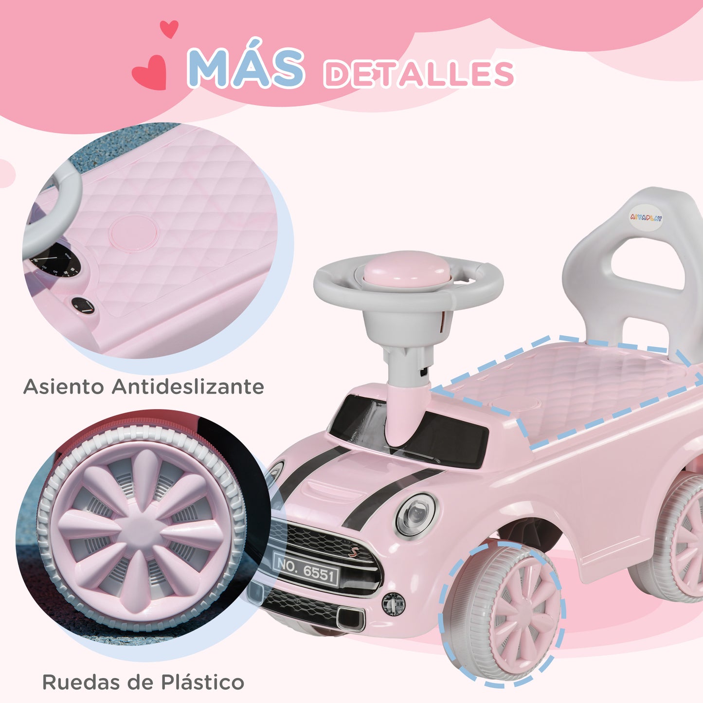 AIYAPLAY Correpasillos para Bebés de 18 a 36 Meses Coche Correpasillos con Volante Bocina y Sistema de Antivuelco Carga 25 kg 53x25x35 cm Rosa