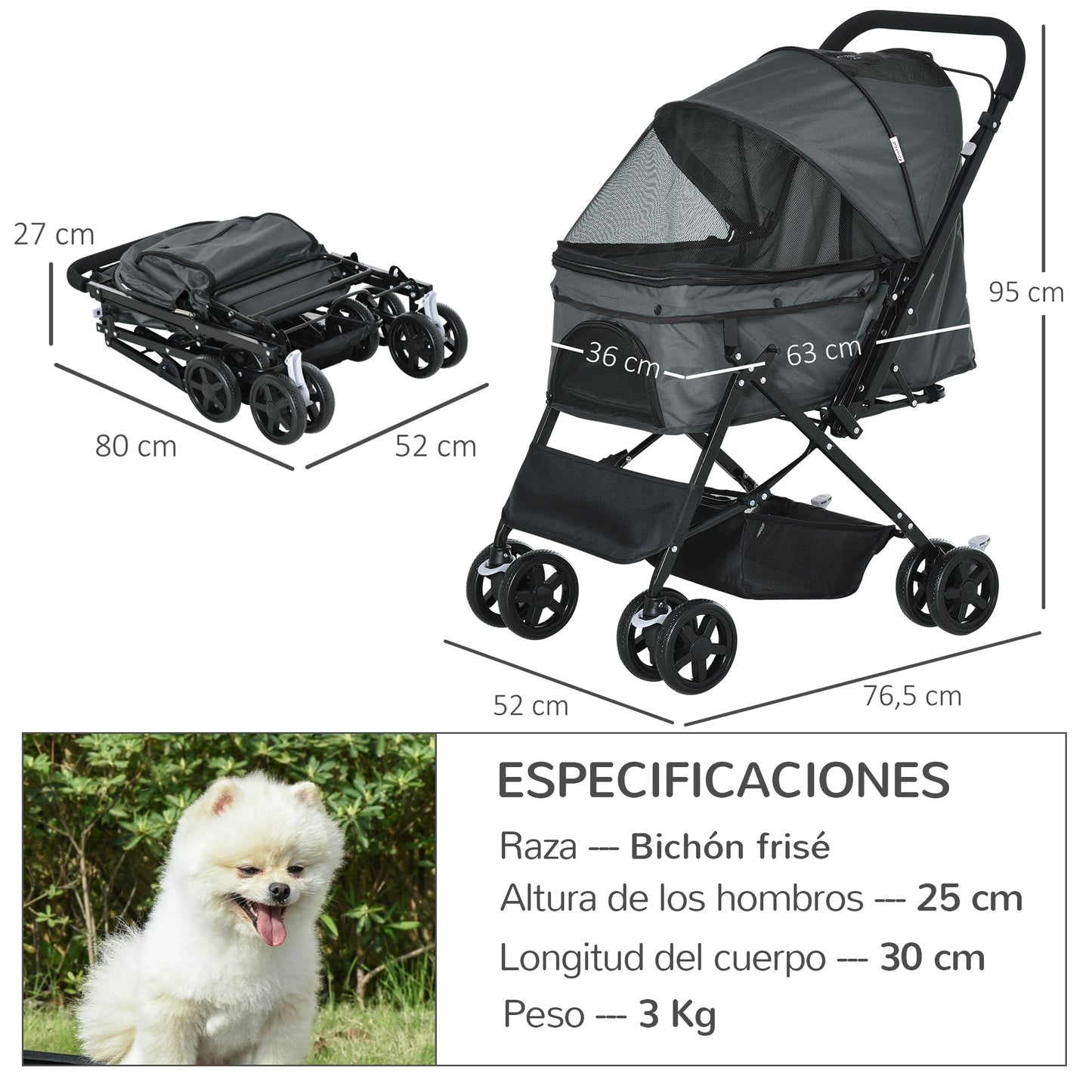 PawHut Carrito para Perros Plegable Cochecito para Perros Pequeños Cochecito para Mascotas con Mango Reversible Ventana de Malla Cesta de Almacenamiento y Cuerda de Seguridad 76,5x52x95 cm Gris