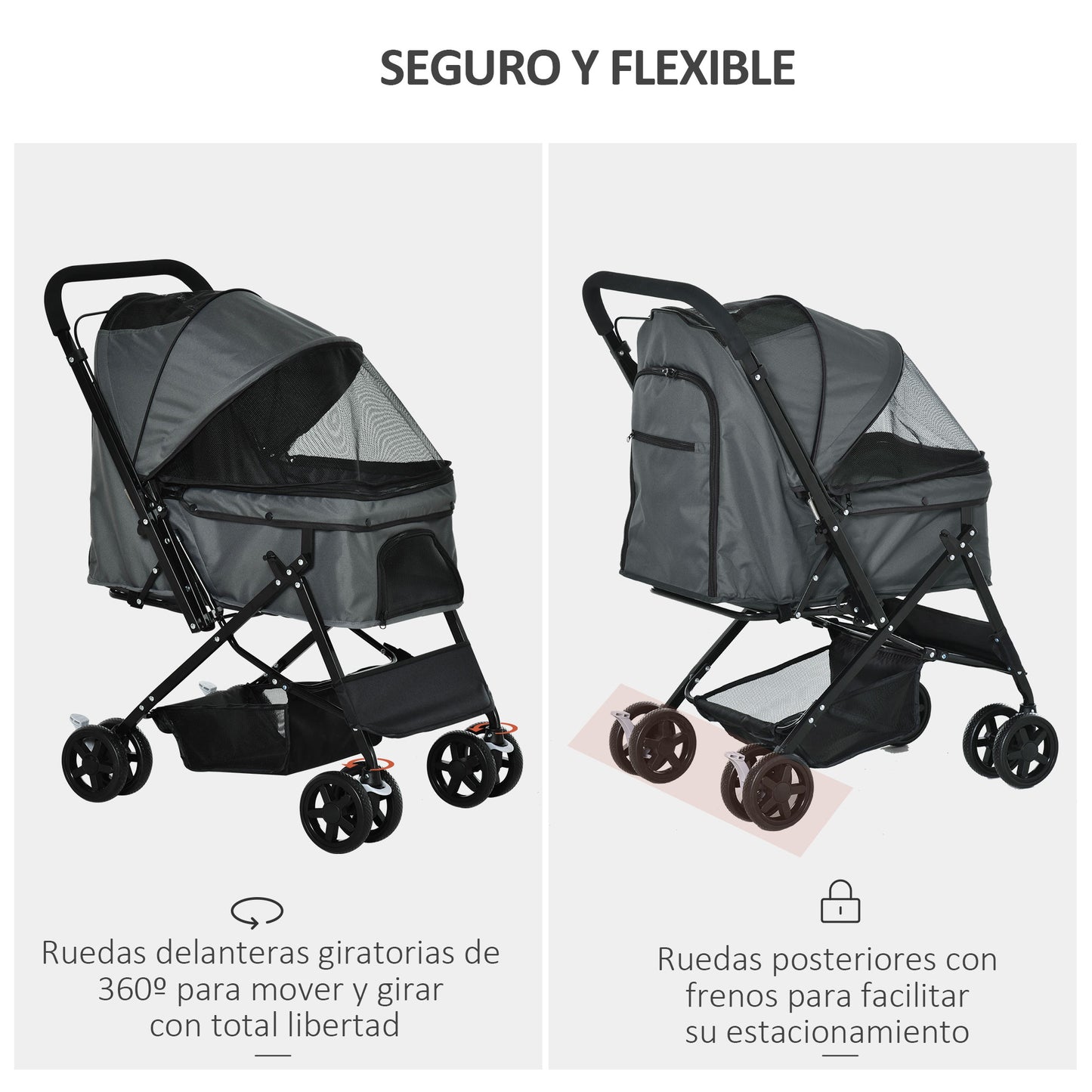 PawHut Carrito para Perros Plegable Cochecito para Perros Pequeños Cochecito para Mascotas con Mango Reversible Ventana de Malla Cesta de Almacenamiento y Cuerda de Seguridad 76,5x52x95 cm Gris