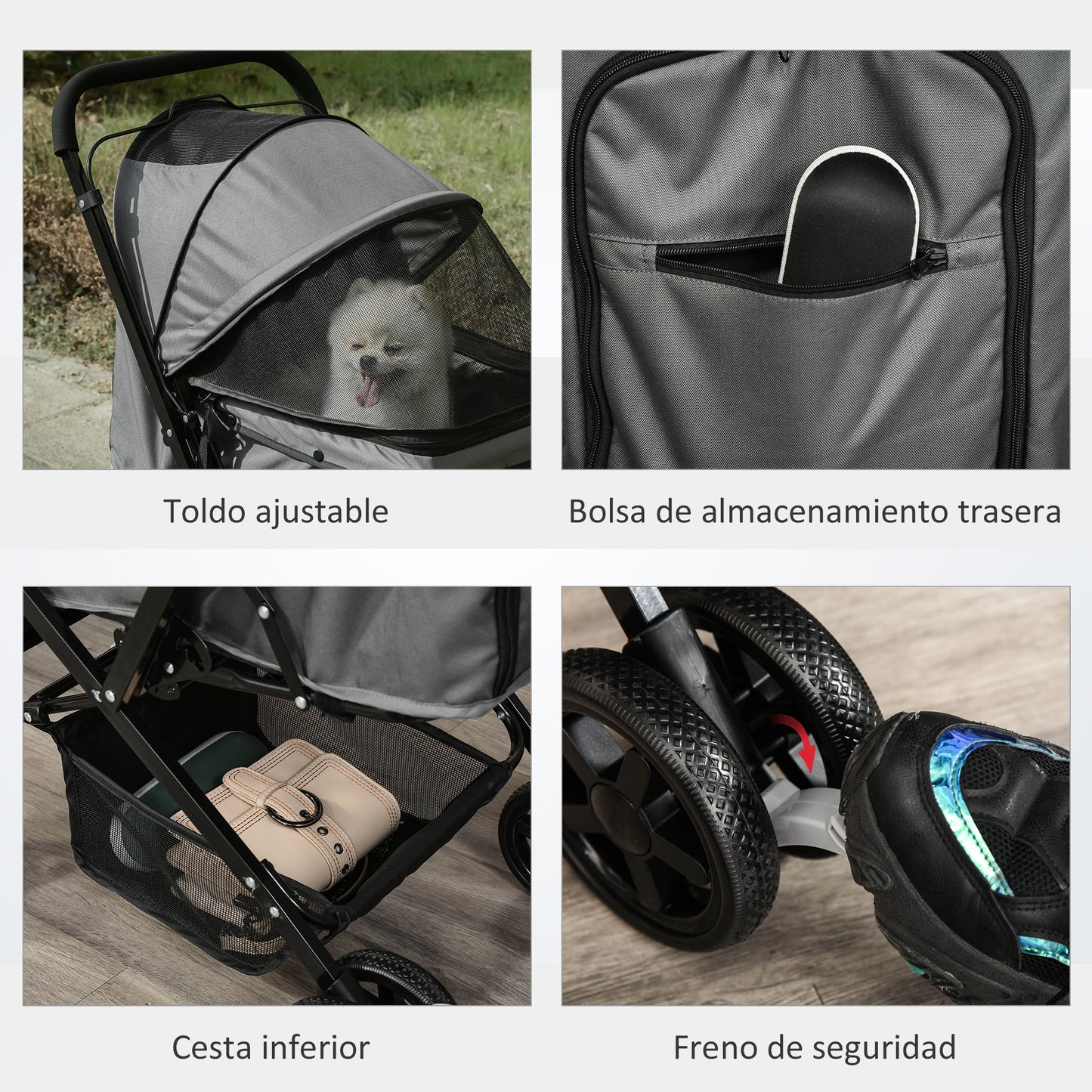 PawHut Carrito para Perros Plegable Cochecito para Perros Pequeños Cochecito para Mascotas con Mango Reversible Ventana de Malla Cesta de Almacenamiento y Cuerda de Seguridad 76,5x52x95 cm Gris