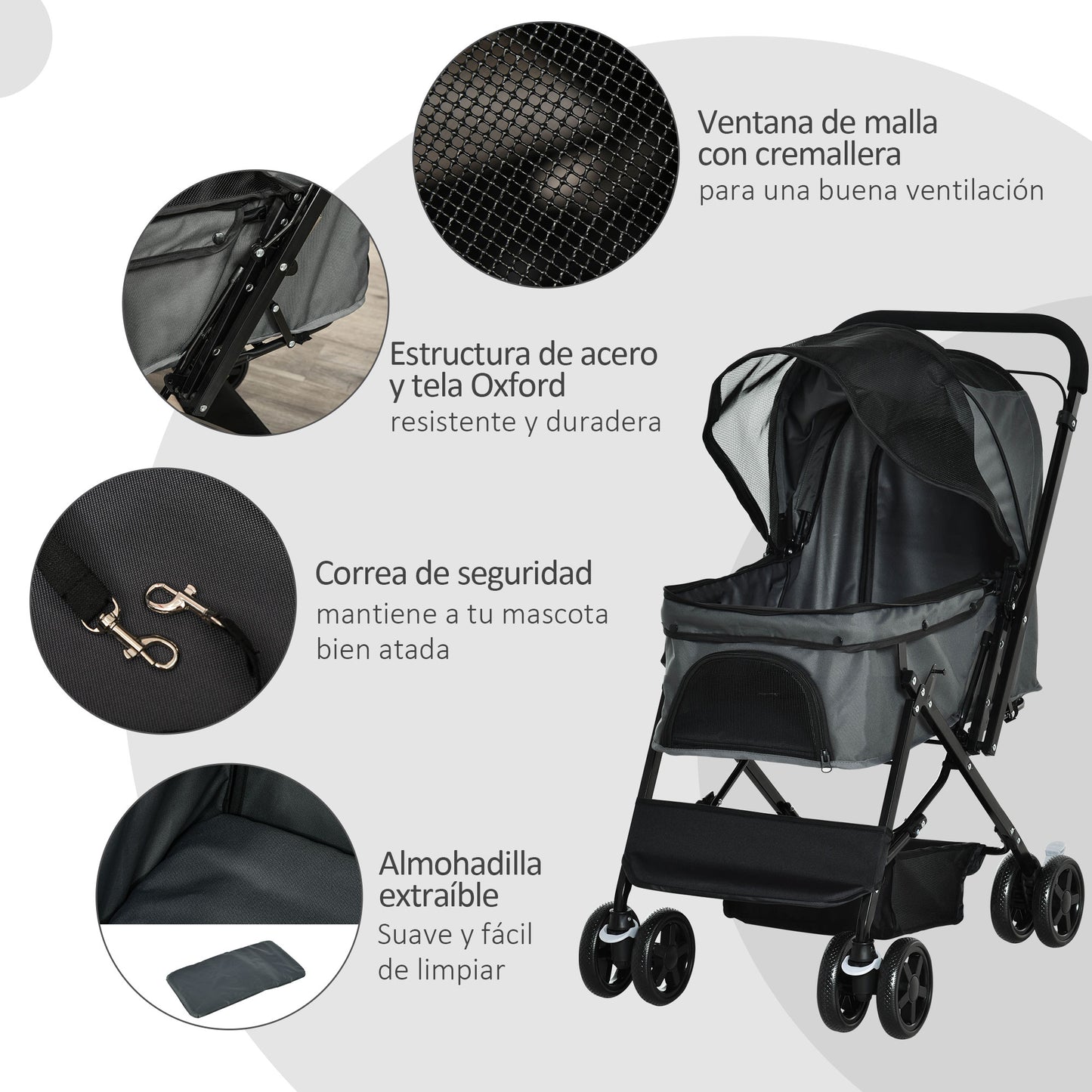 PawHut Carrito para Perros Plegable Cochecito para Perros Pequeños Cochecito para Mascotas con Mango Reversible Ventana de Malla Cesta de Almacenamiento y Cuerda de Seguridad 76,5x52x95 cm Gris