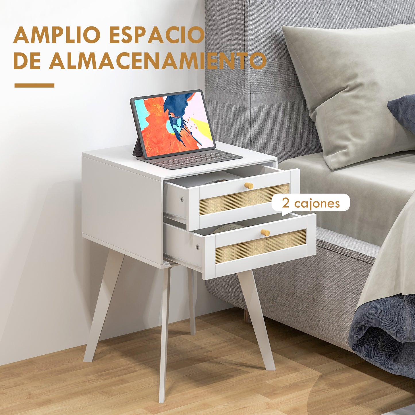 HOMCOM Conjunto para el Hogar Incluye 1 Mueble de TV 1 Mesa Consola 1 Banco Zapatero con Asiento y 1 Mesita Auxiliar con Elemento de Ratán Estilo Bohemio Blanco