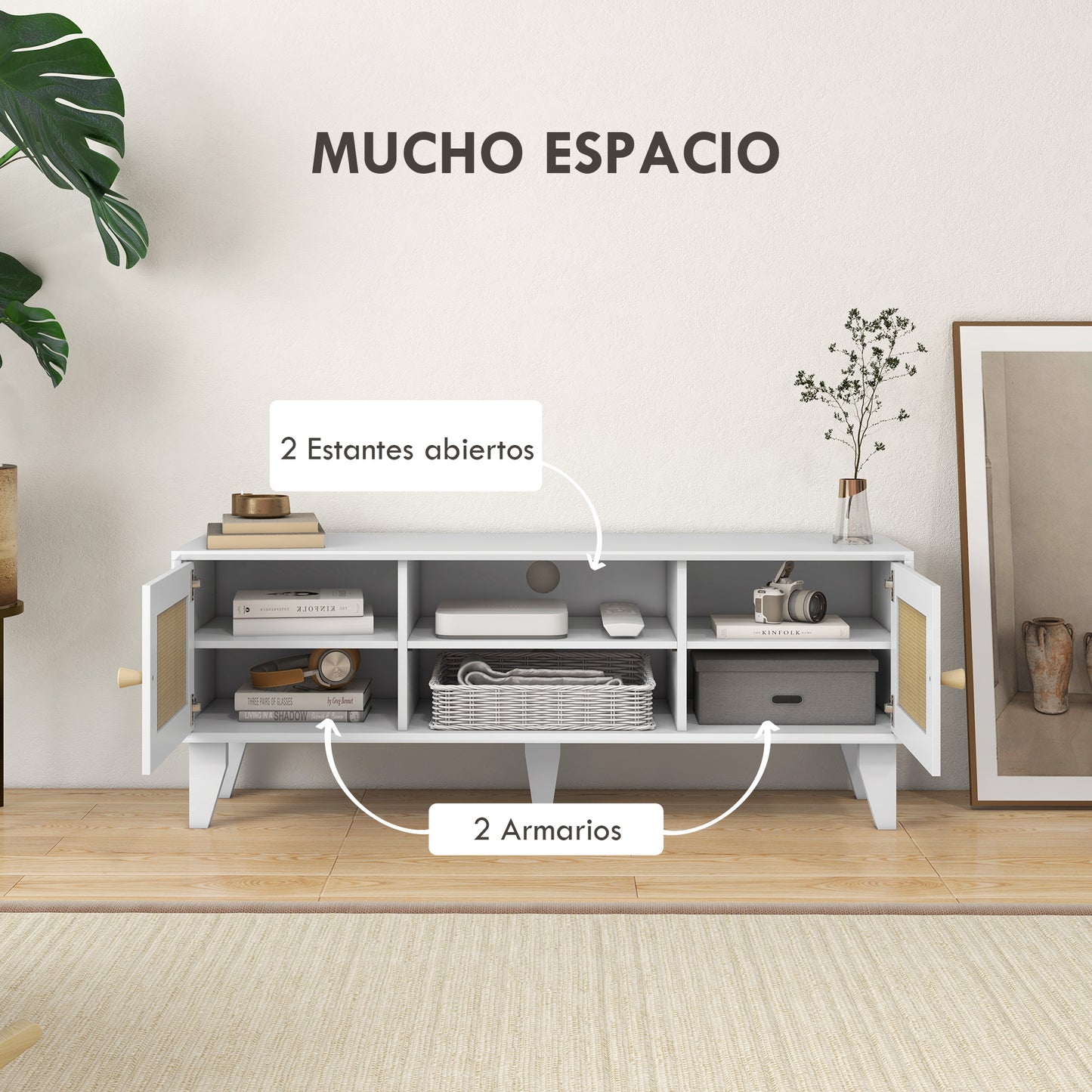 HOMCOM Conjunto para el Hogar Incluye 1 Mueble de TV 1 Mesa Consola 1 Banco Zapatero con Asiento y 1 Mesita Auxiliar con Elemento de Ratán Estilo Bohemio Blanco