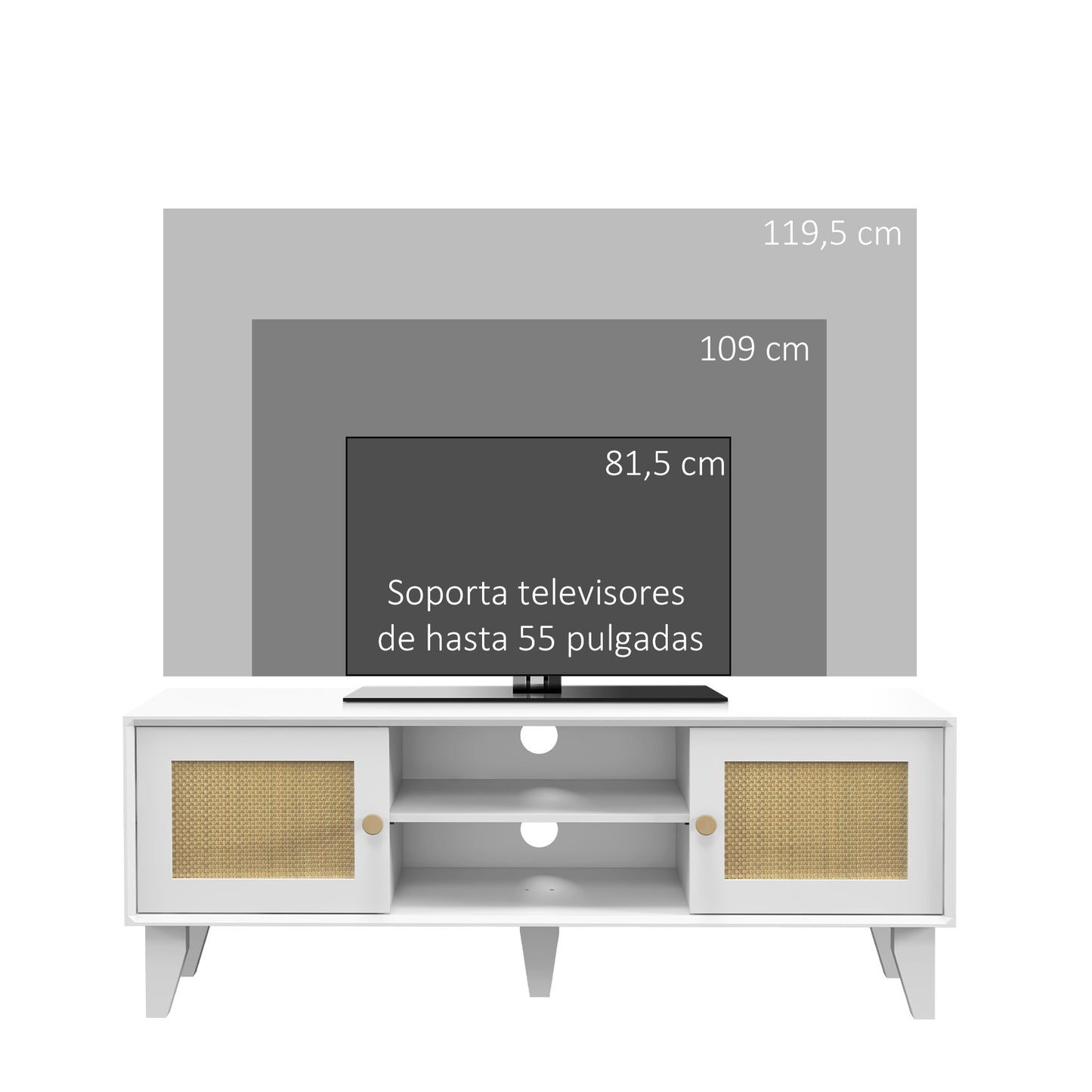 HOMCOM Conjunto para el Hogar Incluye 1 Mueble de TV 1 Mesa Consola 1 Banco Zapatero con Asiento y 1 Mesita Auxiliar con Elemento de Ratán Estilo Bohemio Blanco