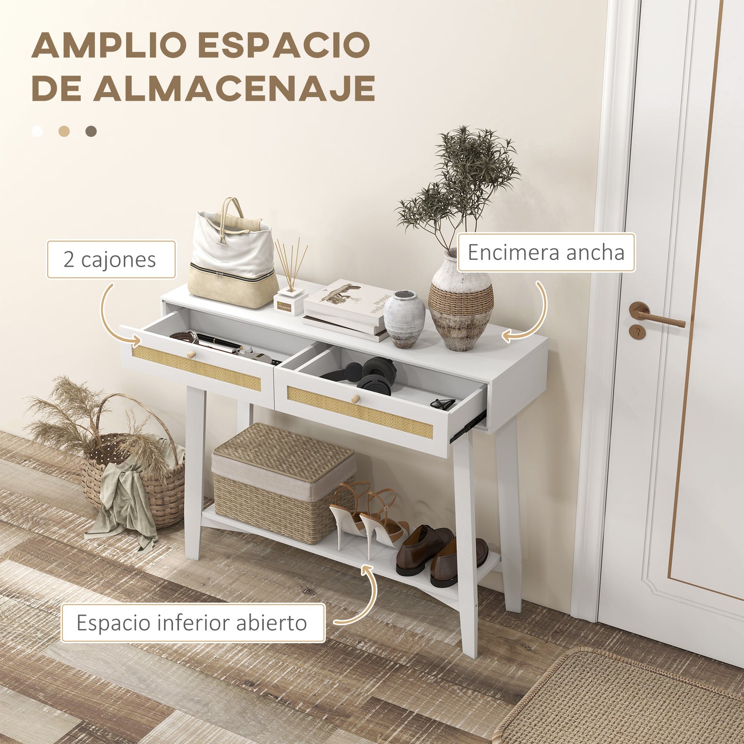 HOMCOM Conjunto para el Hogar Incluye 1 Mueble de TV 1 Mesa Consola 1 Banco Zapatero con Asiento y 1 Mesita Auxiliar con Elemento de Ratán Estilo Bohemio Blanco