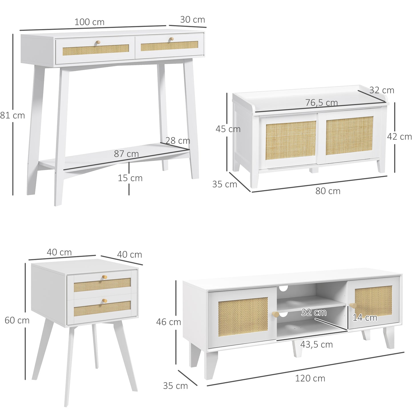 HOMCOM Conjunto para el Hogar Incluye 1 Mueble de TV 1 Mesa Consola 1 Banco Zapatero con Asiento y 1 Mesita Auxiliar con Elemento de Ratán Estilo Bohemio Blanco