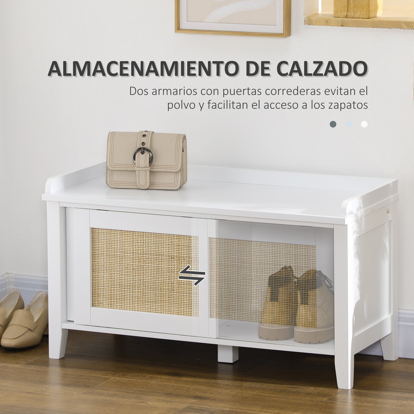 HOMCOM Conjunto para el Hogar Incluye 1 Mueble de TV 1 Mesa Consola 1 Banco Zapatero con Asiento y 1 Mesita Auxiliar con Elemento de Ratán Estilo Bohemio Blanco