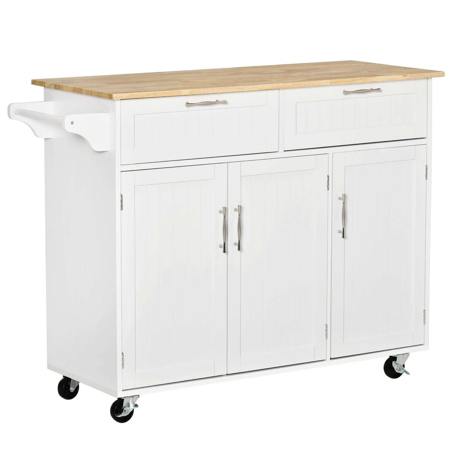 HOMCOM Isla de Cocina con Ruedas Carro de Cocina Mueble Auxiliar de Cocina con 2 Cajones 3 Puertas y Barra Lateral para Comedor 121x46x91 cm Roble y Blanco