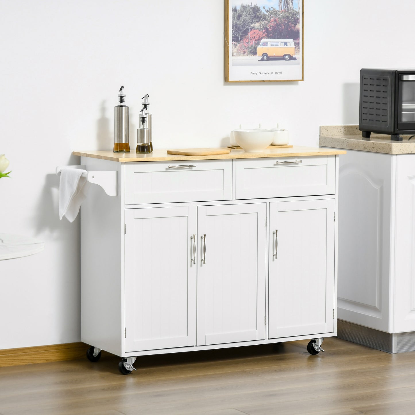 HOMCOM Isla de Cocina con Ruedas Carro de Cocina Mueble Auxiliar de Cocina con 2 Cajones 3 Puertas y Barra Lateral para Comedor 121x46x91 cm Roble y Blanco