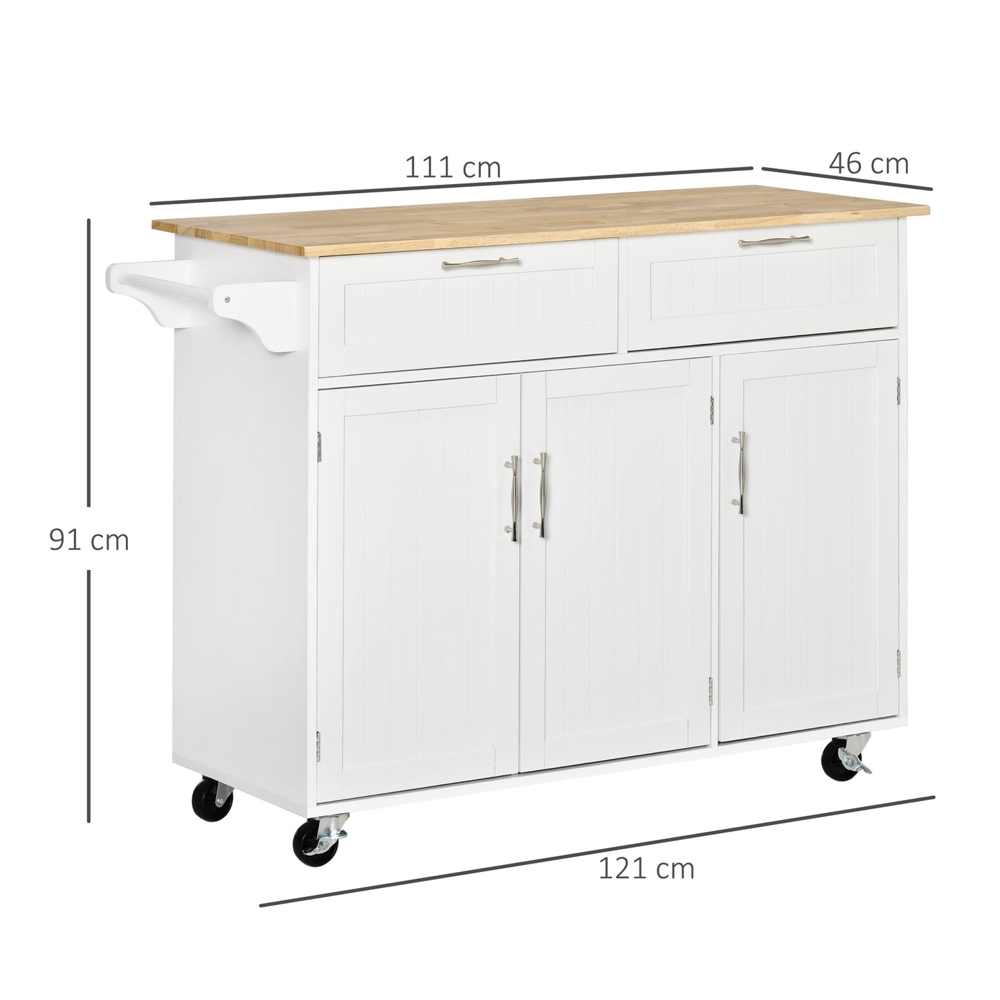 HOMCOM Isla de Cocina con Ruedas Carro de Cocina Mueble Auxiliar de Cocina con 2 Cajones 3 Puertas y Barra Lateral para Comedor 121x46x91 cm Roble y Blanco