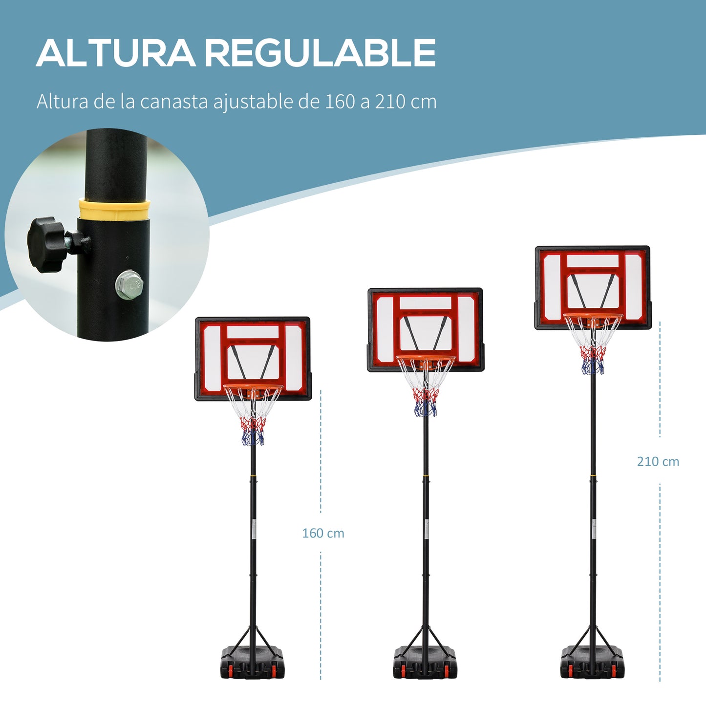 HOMCOM Canasta de Baloncesto Ajustable de 205-261 cm Aro de Baloncesto Portátil con Soporte de Acero Base Rellenable y 2 Ruedas de Transporte para Niños y Adultos Rojo Negro