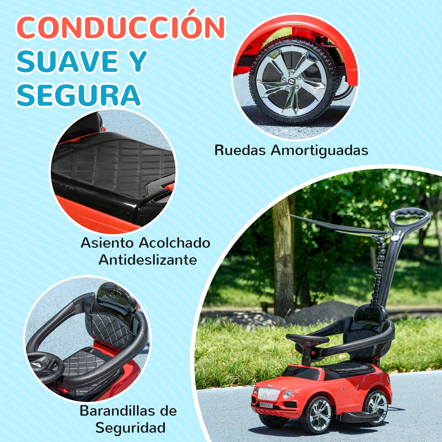 AIYAPLAY Coche Correpasillos 3 en 1 Correpasillos con Licencia Bentley Bentayga Correpasillos para Bebés de 12-36 Meses con Asa de Empuje y Toldo Desmontables Música Bocina Rojo