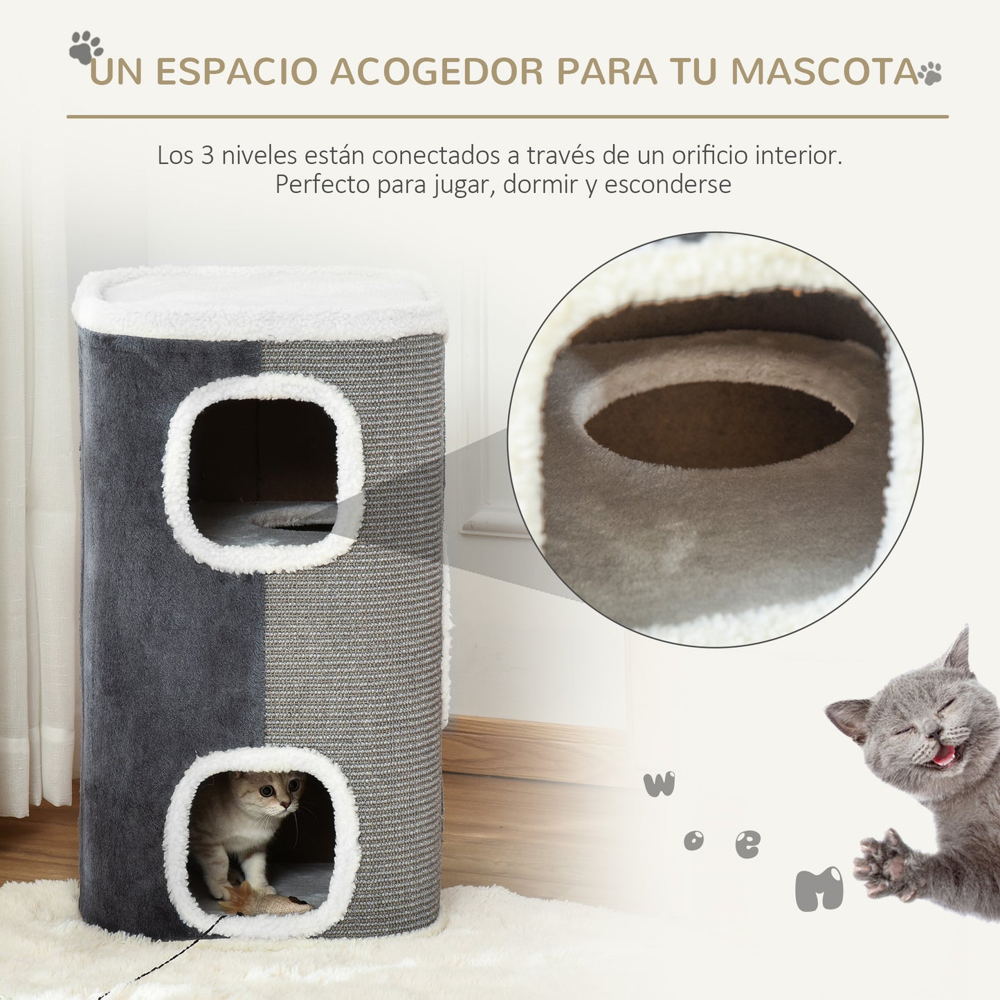 PawHut Barril Rascador para Gatos de 2 Niveles con Cuevas de Sisal Felpa Suave y Plataforma de Vellón 40x40x49 cm Gris