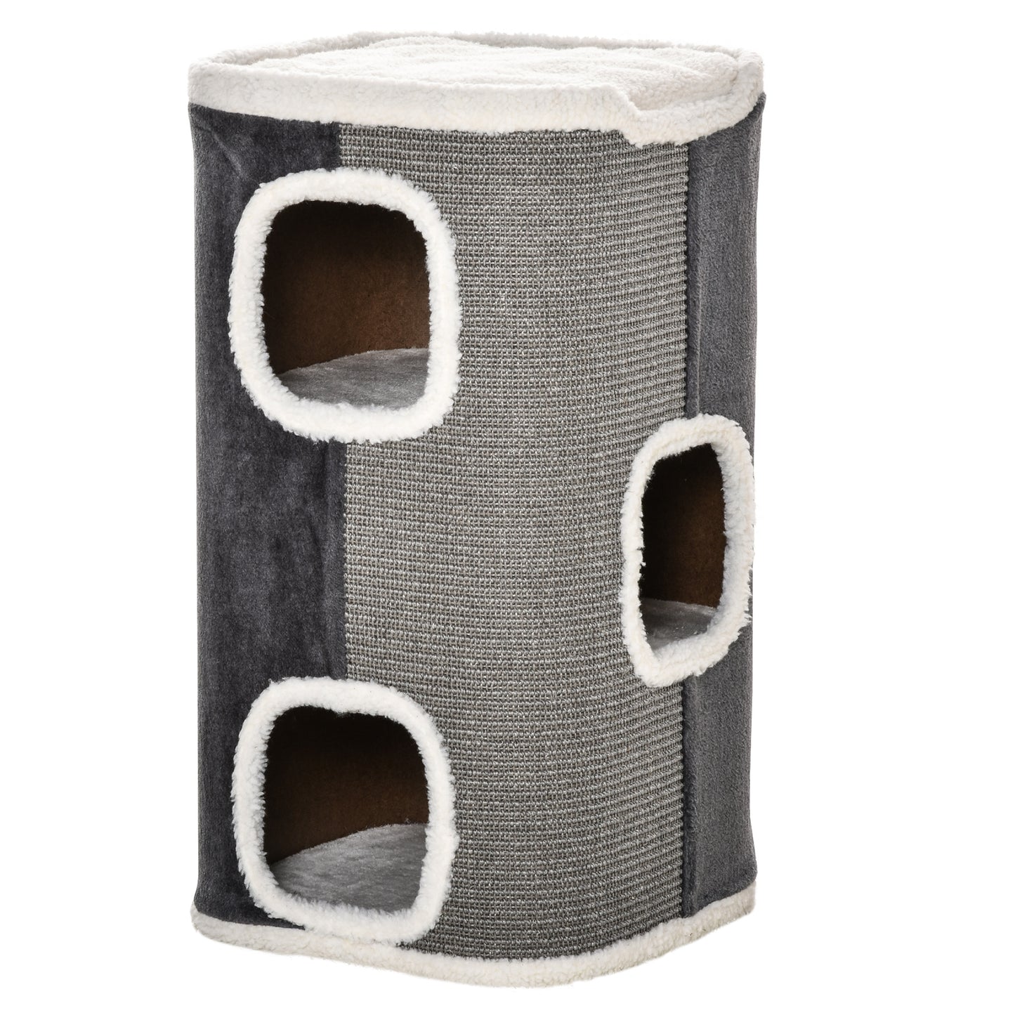 PawHut Barril Rascador para Gatos de 2 Niveles con Cuevas de Sisal Felpa Suave y Plataforma de Vellón 40x40x49 cm Gris