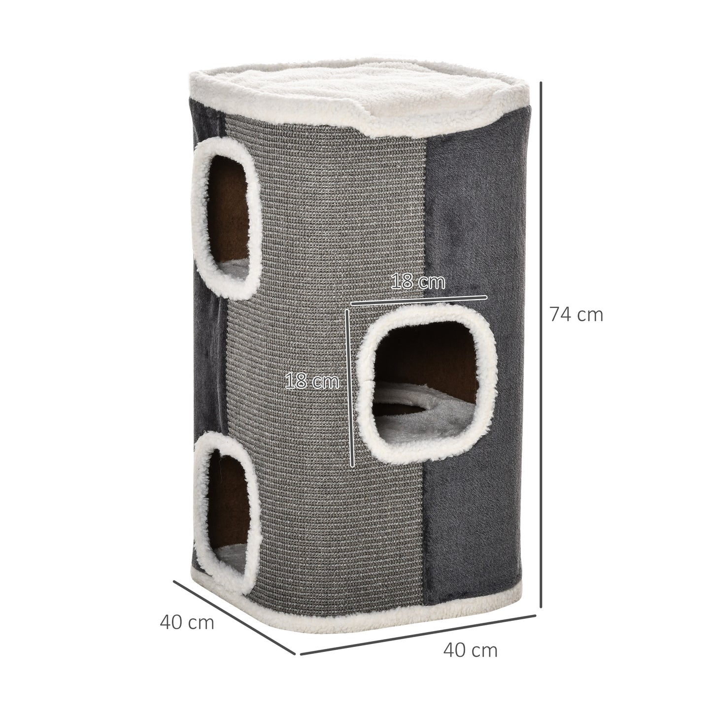 PawHut Barril Rascador para Gatos de 2 Niveles con Cuevas de Sisal Felpa Suave y Plataforma de Vellón 40x40x49 cm Gris