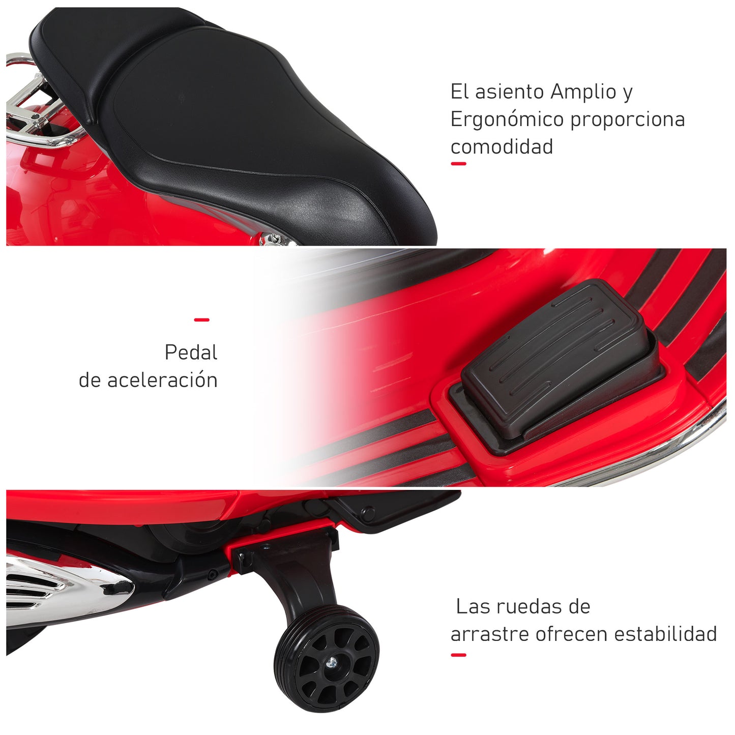 HOMCOM Moto Eléctrica para Niños de 3-6 Años Moto de Batería Autorizada de VESPA con Faros Música 2 Ruedas Auxiliares 108x49x75 cm Rojo