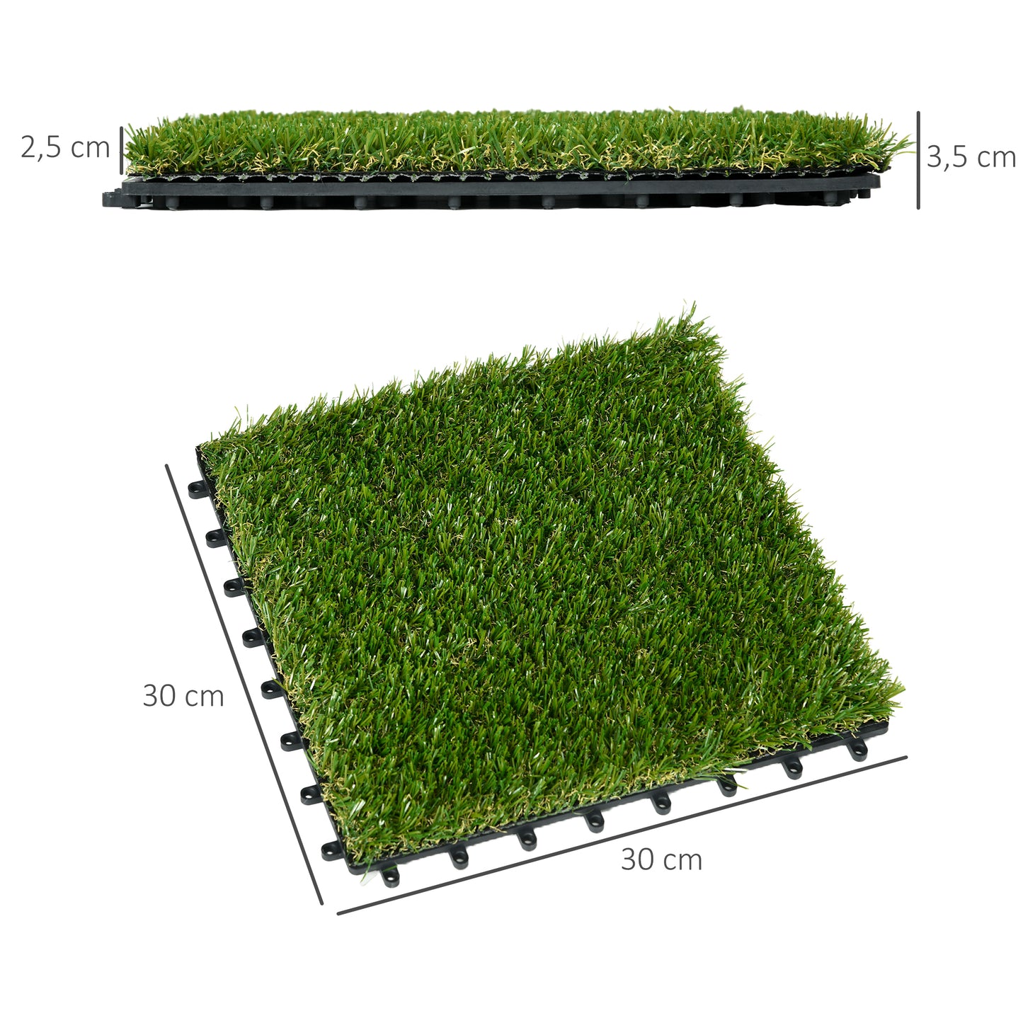 Outsunny Césped Artificial de 10 Piezas Alfombra Césped Artificial 30x30 cm con Altura de Hierba 25 mm Anti-UV Césped Sintético para Jardín Patio Balcón Verde Oscuro