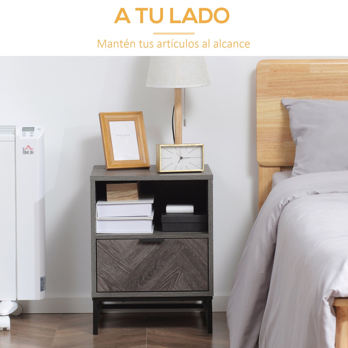 HOMCOM Conjunto de 2 Mesitas de Noche Mesillas de Noche con 1 Cajón Estante Abierto y Patas de Acero Estilo Industrial para Dormitorio Salón Oficina 40x40x52 cm Gris Oscuro