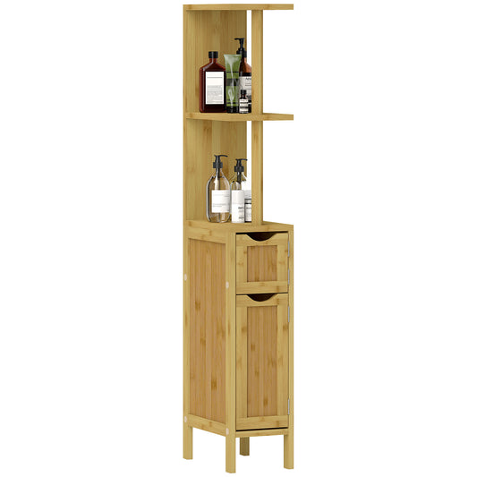 HOMCOM Columna de Baño Mueble de Baño con Puertas y Estantes Abiertos Armario de Baño Moderno 18x30x120 cm Natural