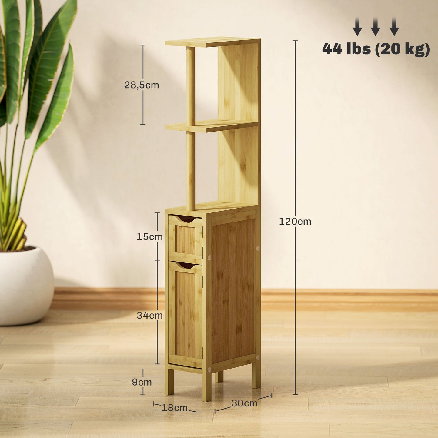 HOMCOM Columna de Baño Mueble de Baño con Puertas y Estantes Abiertos Armario de Baño Moderno 18x30x120 cm Natural