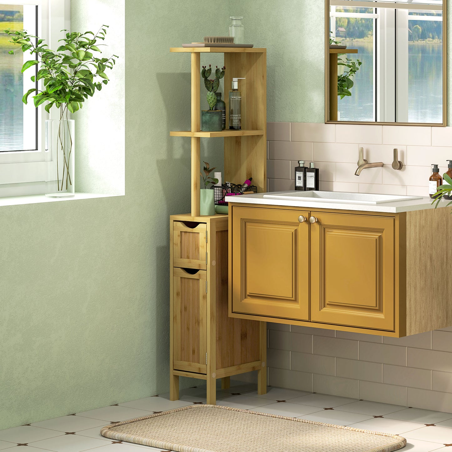 HOMCOM Columna de Baño Mueble de Baño con Puertas y Estantes Abiertos Armario de Baño Moderno 18x30x120 cm Natural