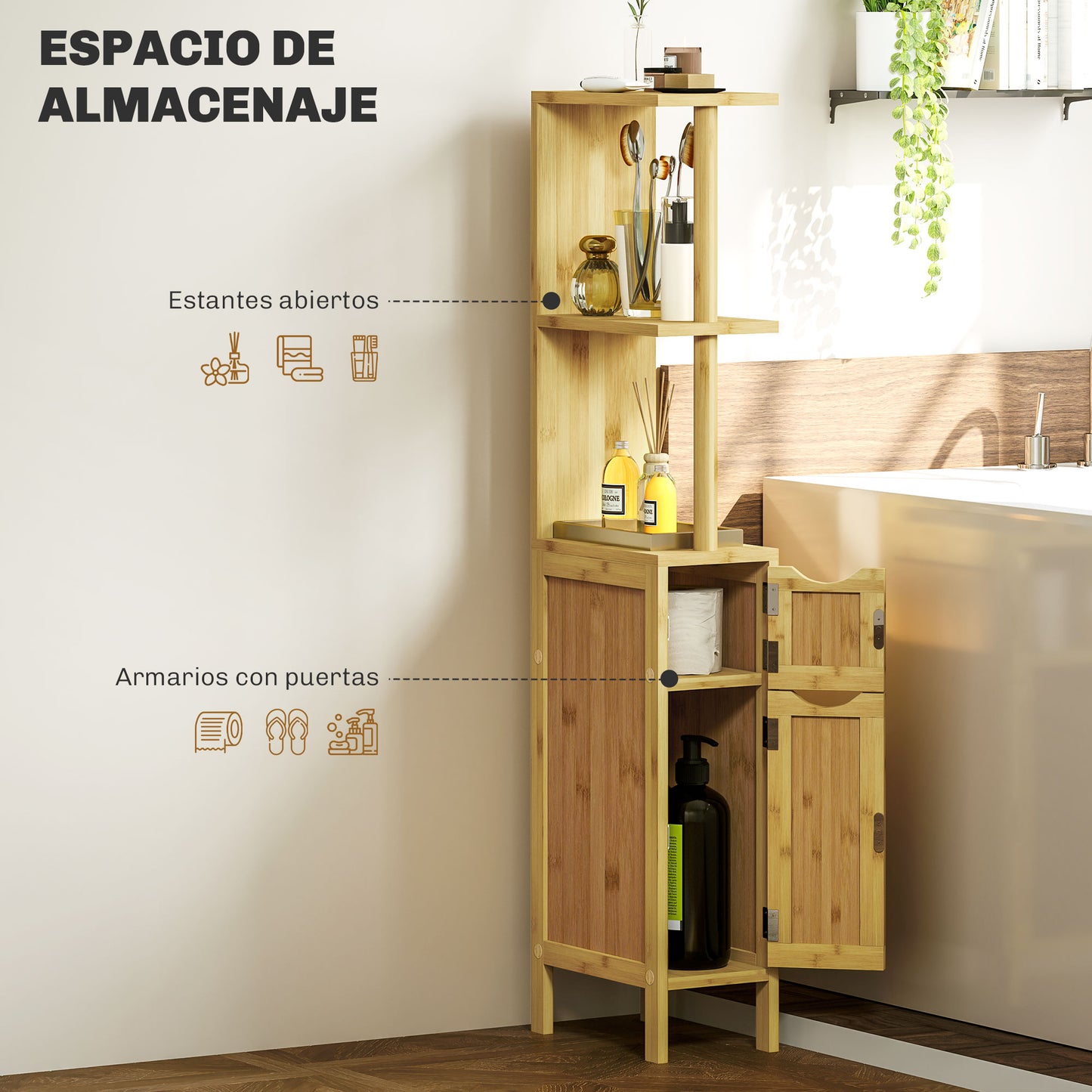 HOMCOM Columna de Baño Mueble de Baño con Puertas y Estantes Abiertos Armario de Baño Moderno 18x30x120 cm Natural