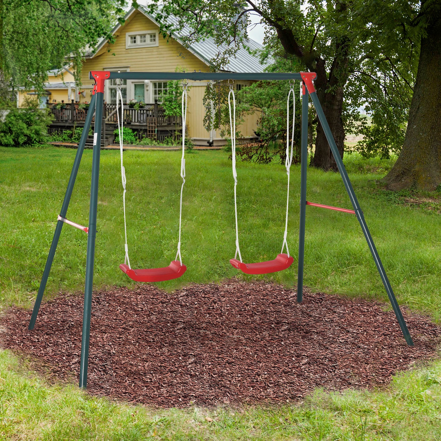 Outsunny Columpio Doble para Niños +3 Años con Soporte de Metal Juego de Columpio Infantil Cuerda Ajustable Exteriores Carga Máx. 40kg 239x156x180 cm Verde Rojo