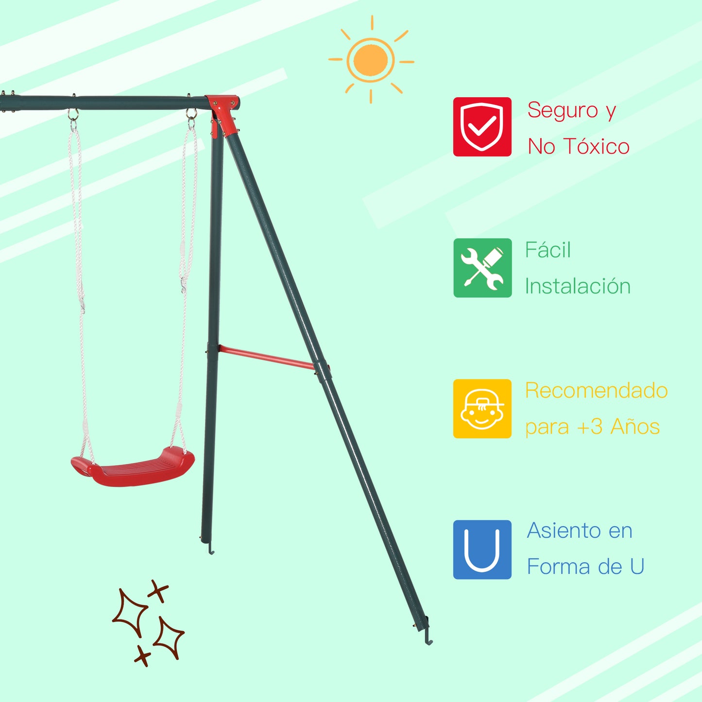 Outsunny Columpio Doble para Niños +3 Años con Soporte de Metal Juego de Columpio Infantil Cuerda Ajustable Exteriores Carga Máx. 40kg 239x156x180 cm Verde Rojo