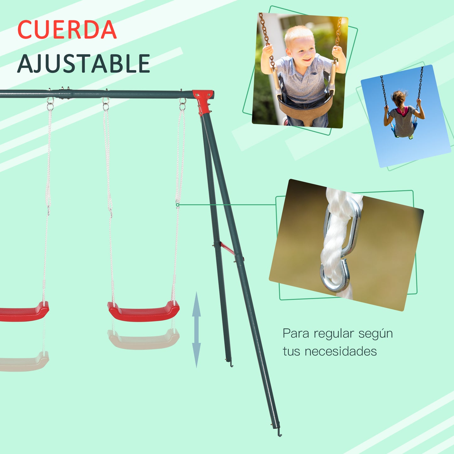 Outsunny Columpio Doble para Niños +3 Años con Soporte de Metal Juego de Columpio Infantil Cuerda Ajustable Exteriores Carga Máx. 40kg 239x156x180 cm Verde Rojo