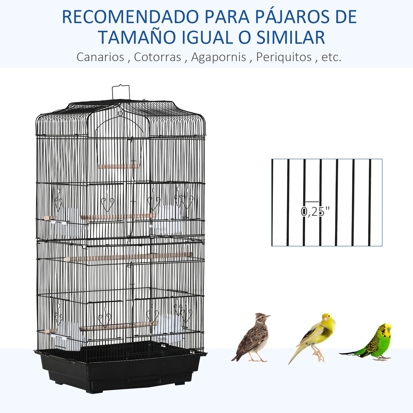 PawHut Jaula para Pájaros 46,5x35,5x92 cm Pajarera de Metal con Puertas 4 Comederos 3 Perchas Columpio Bandeja Extraíble y Asa de Transporte para Loro Canario Periquito Negro