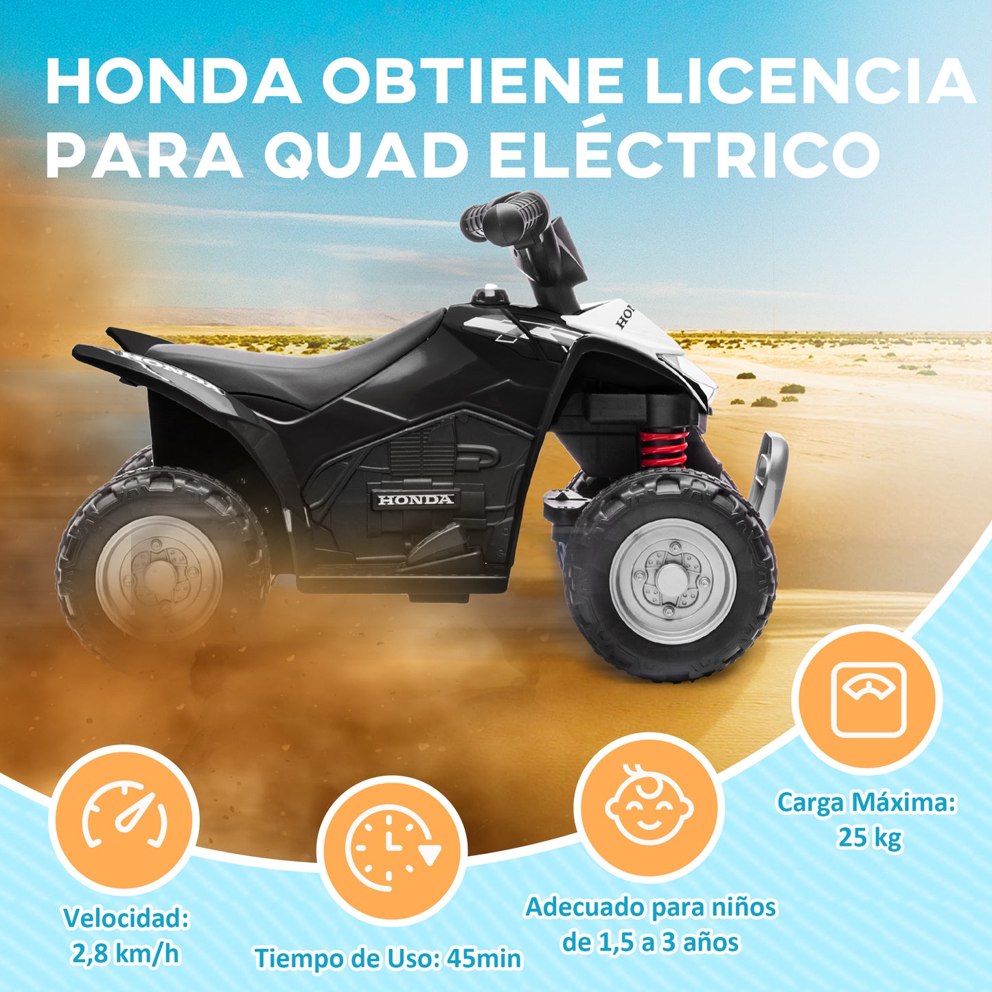 AIYAPLAY Quad Eléctrico para Niños de 18-36 Meses Vehículo Eléctrico a Batería 6V Infantil con Faros LED Bocina Velocidad de 2,8 km/h y Avance 65,5x38,5x43,5 cm Negro