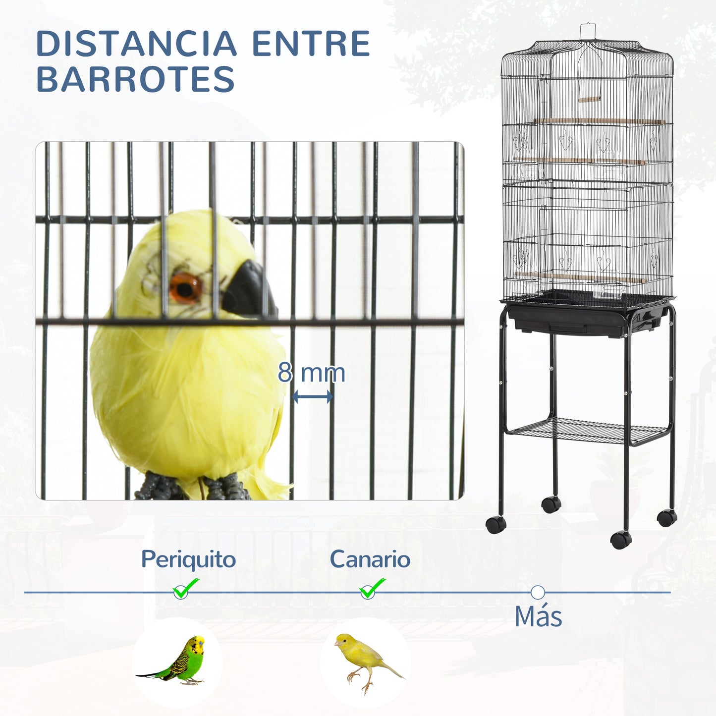 PawHut Jaula para Pájaros con Ruedas 46,5x36x157 cm Jaula Metálica de Aves con Puertas 4 Comederos 3 Perchas Bandeja Extraíble y Estante de Almacenaje para Canarios Periquitos Negro