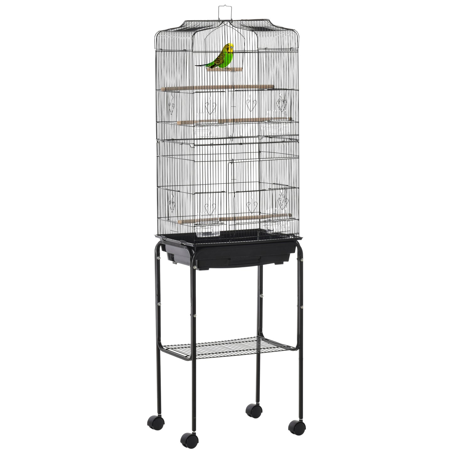 PawHut Jaula para Pájaros con Ruedas 46,5x36x157 cm Jaula Metálica de Aves con Puertas 4 Comederos 3 Perchas Bandeja Extraíble y Estante de Almacenaje para Canarios Periquitos Negro