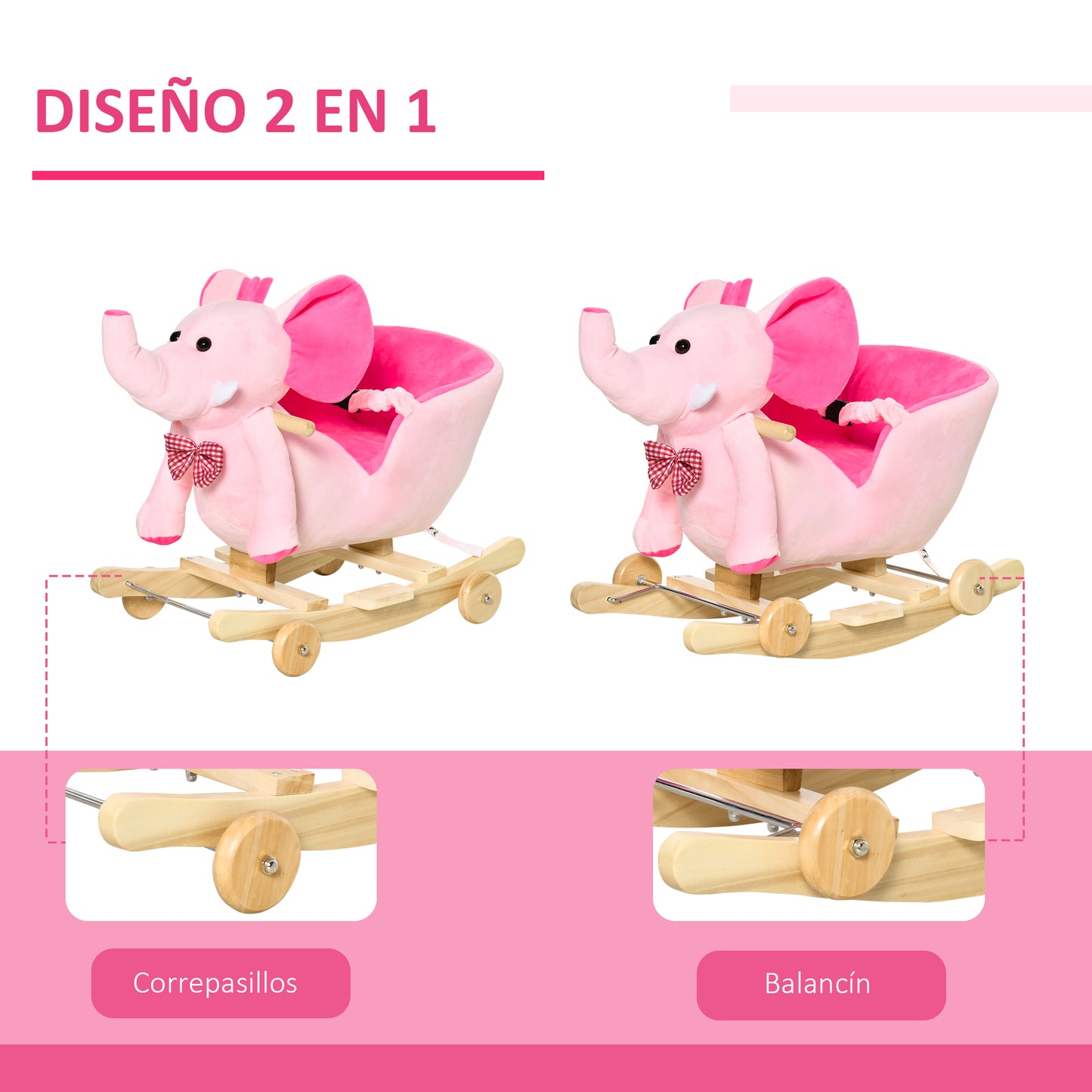 HOMCOM Caballito Balancín con Ruedas Forma de Elefante Caballo Balancín para Bebés de +18 Meses con Músicas Infantiles y Cinturón de Seguridad Carga 60 kg 60x35x45 cm Rosa