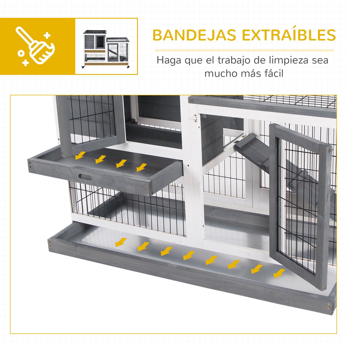 PawHut Conejera de Madera para Interior con Ruedas Jaula para Conejos Mascotas Pequeñas de 2 Pisos con Zona Abierta Rampa y 2 Bandejas Extraíbles 110x50x88 cm Gris