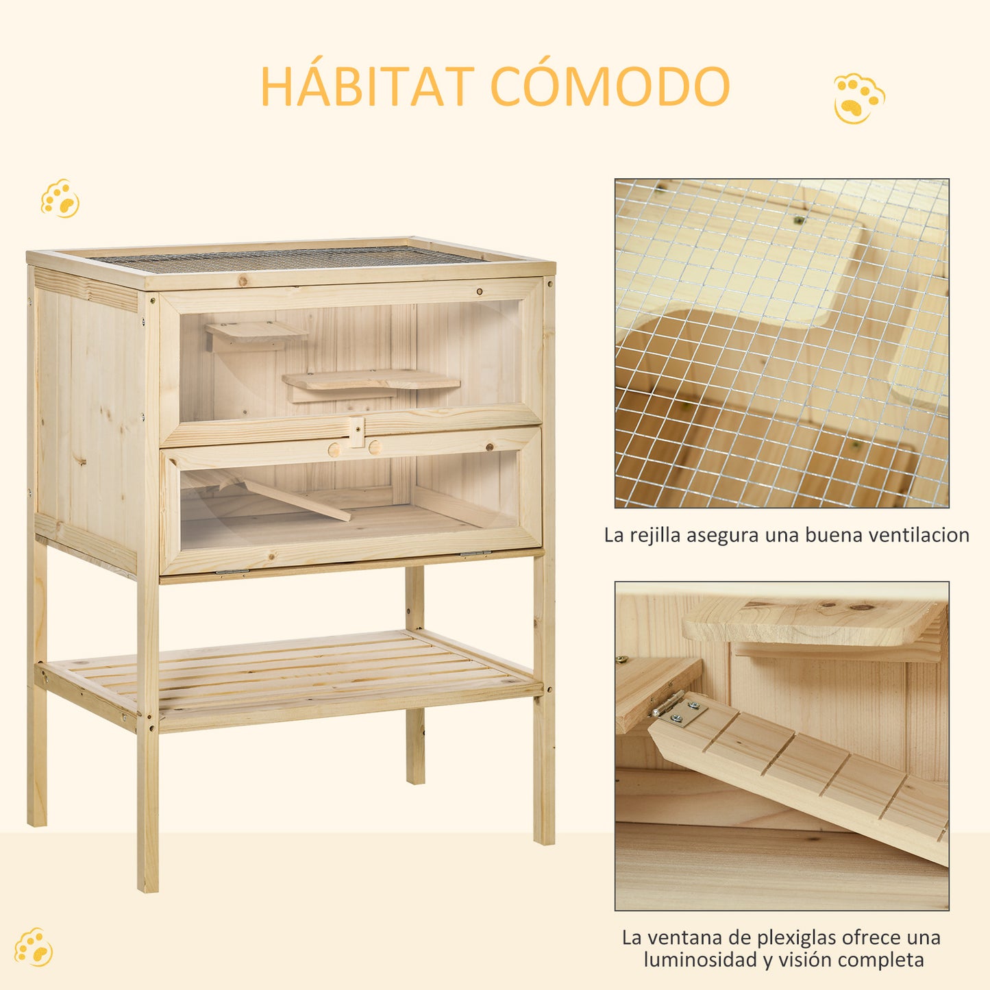 PawHut Jaula de Madera para Hámster Ratones Casa de Juegos con 5 Plataformas Rampa Techo Abatible Ventana Cristal Plástico y Estante Inferior 60x40x80 cm Natural