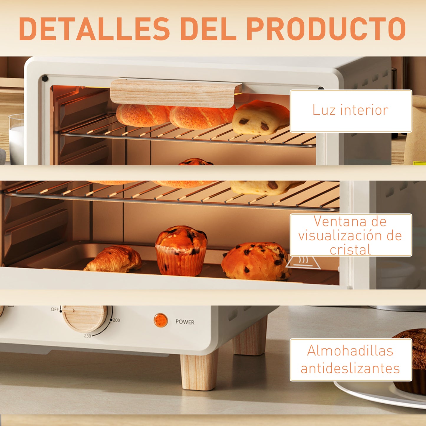 HOMCOM Horno Eléctrico de Sobremesa Horno Sobremesa de 16L 1400W Horno Eléctrico con Puerta de Vidrio Temporizador y Temperatura Ajustables hasta 230℃ Crema