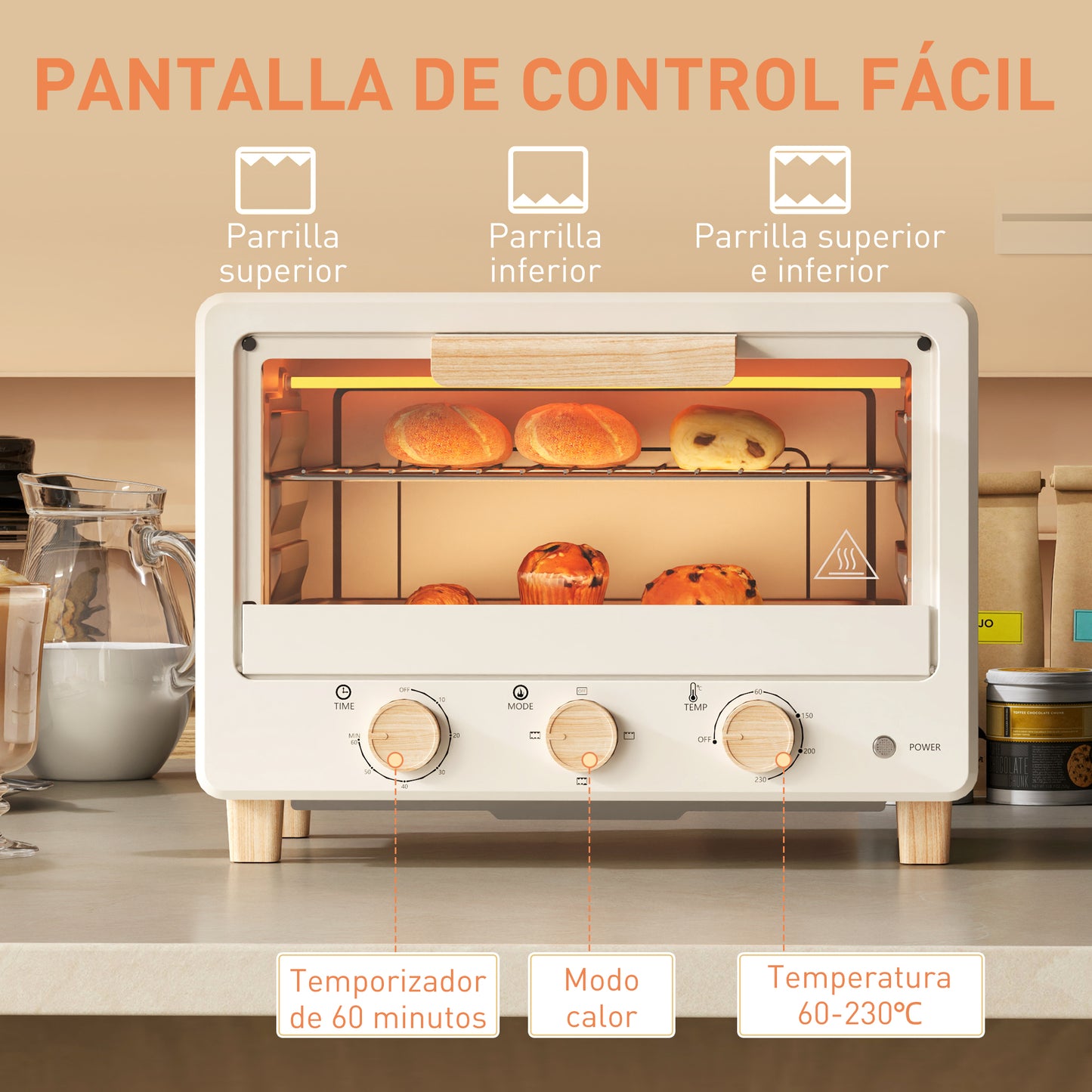 HOMCOM Horno Eléctrico de Sobremesa Horno Sobremesa de 16L 1400W Horno Eléctrico con Puerta de Vidrio Temporizador y Temperatura Ajustables hasta 230℃ Crema