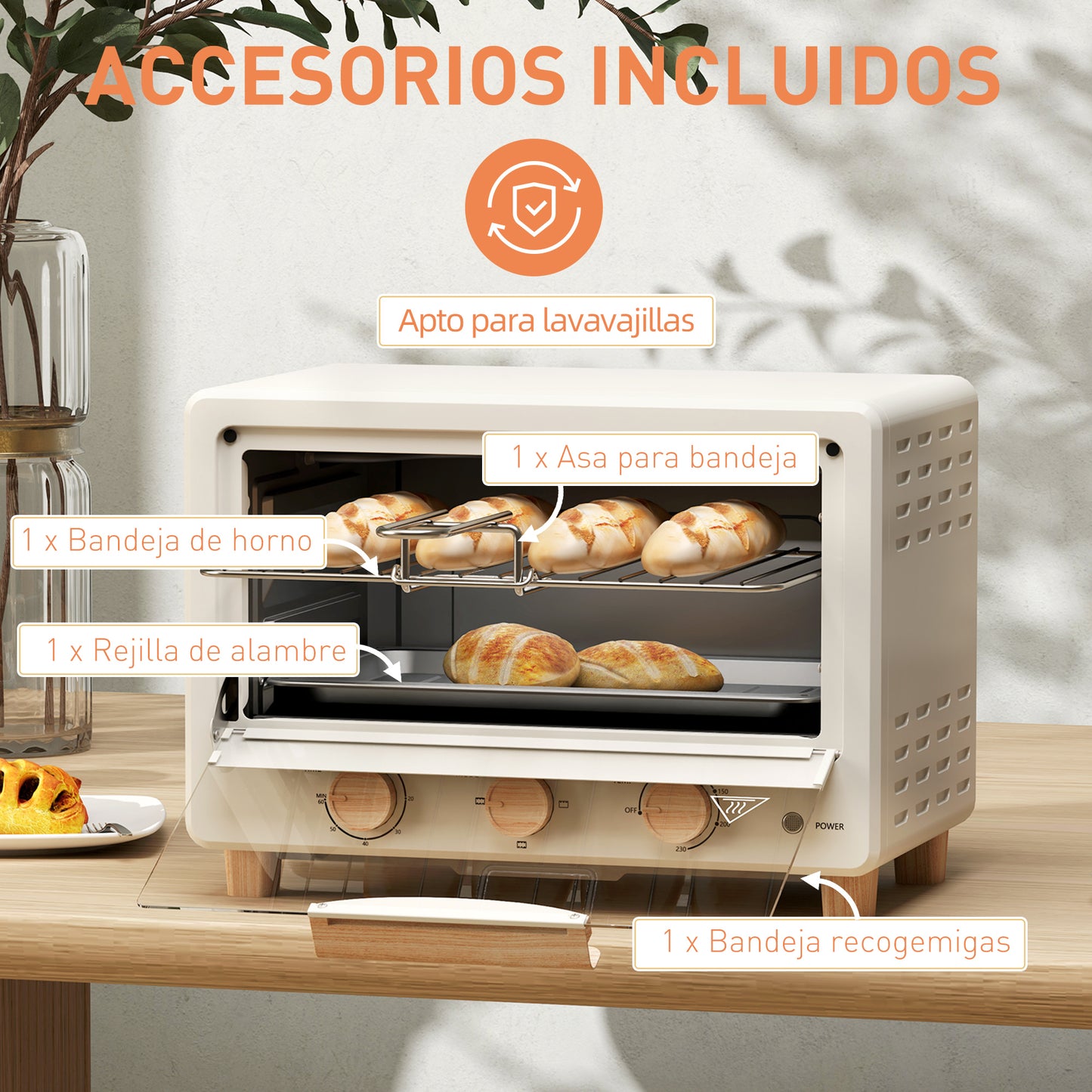 HOMCOM Horno Eléctrico de Sobremesa Horno Sobremesa de 16L 1400W Horno Eléctrico con Puerta de Vidrio Temporizador y Temperatura Ajustables hasta 230℃ Crema