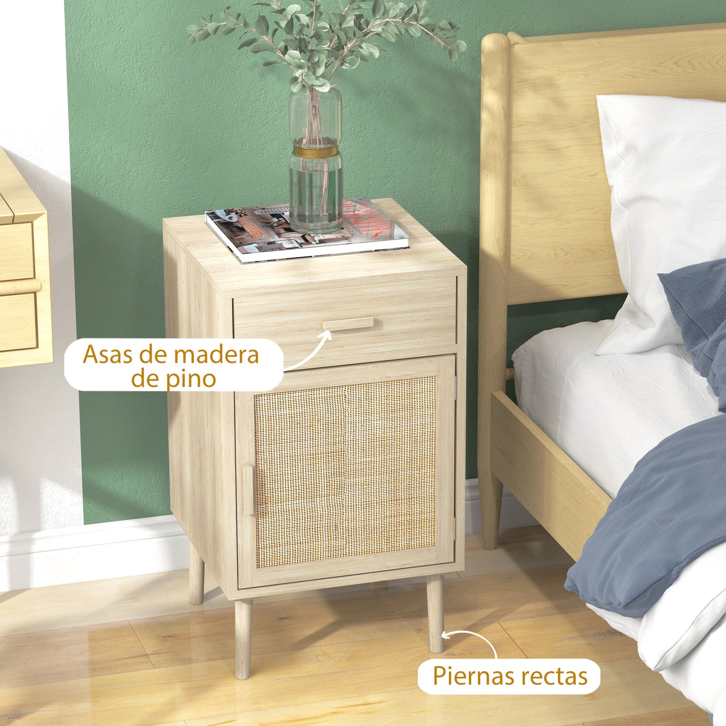 HOMCOM Juego de 2 Mesitas de Noche Mesillas de Noche Mesitas Auxiliares con Cajón de Ratán y Estante Ajustable para Dormitorio Salón 40x40x68,5 cm Roble