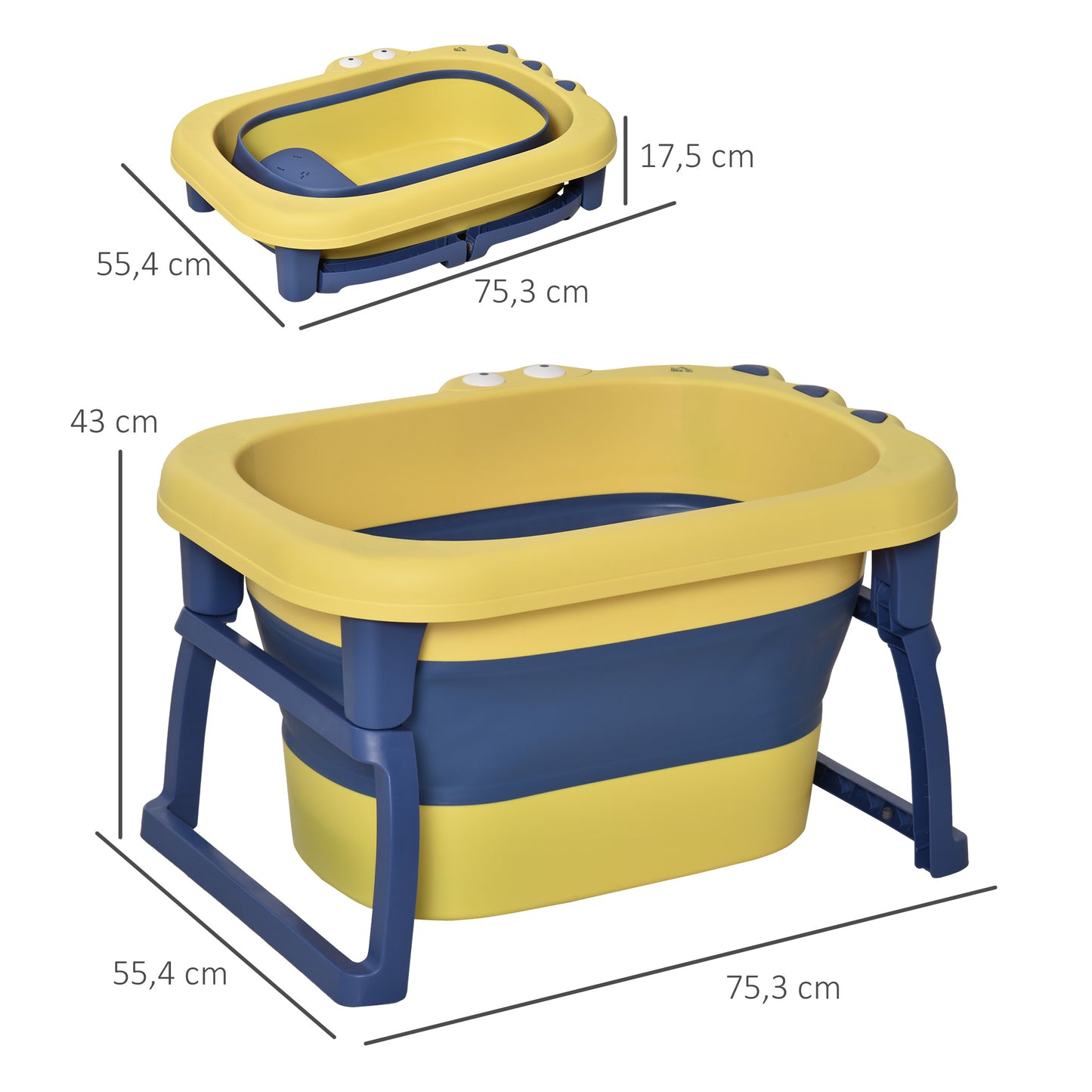 HOMCOM Bañera Plegable para Bebé de 0-3 Años Capacidad 105L Bañera Portátil para Niños con Patas Antideslizantes y Orificio de Drenaje Carga 50 kg 75,3x55,4x43 cm Amarillo y Azul