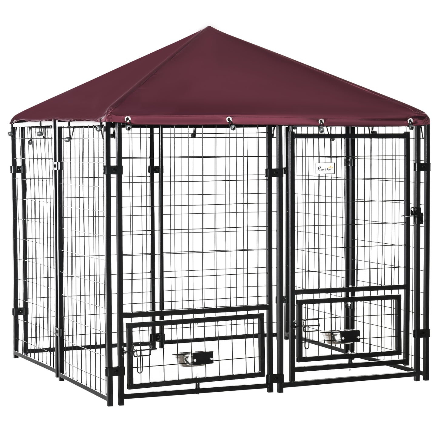 PawHut Perrera de 8 Paneles Parque para Perros Metálica de Exterior con 2 Soportes Giratorios para Comida 2 Cuencos y Toldo de Impermeable y Anti-UV 141x141x153 cm Negro y Rojo