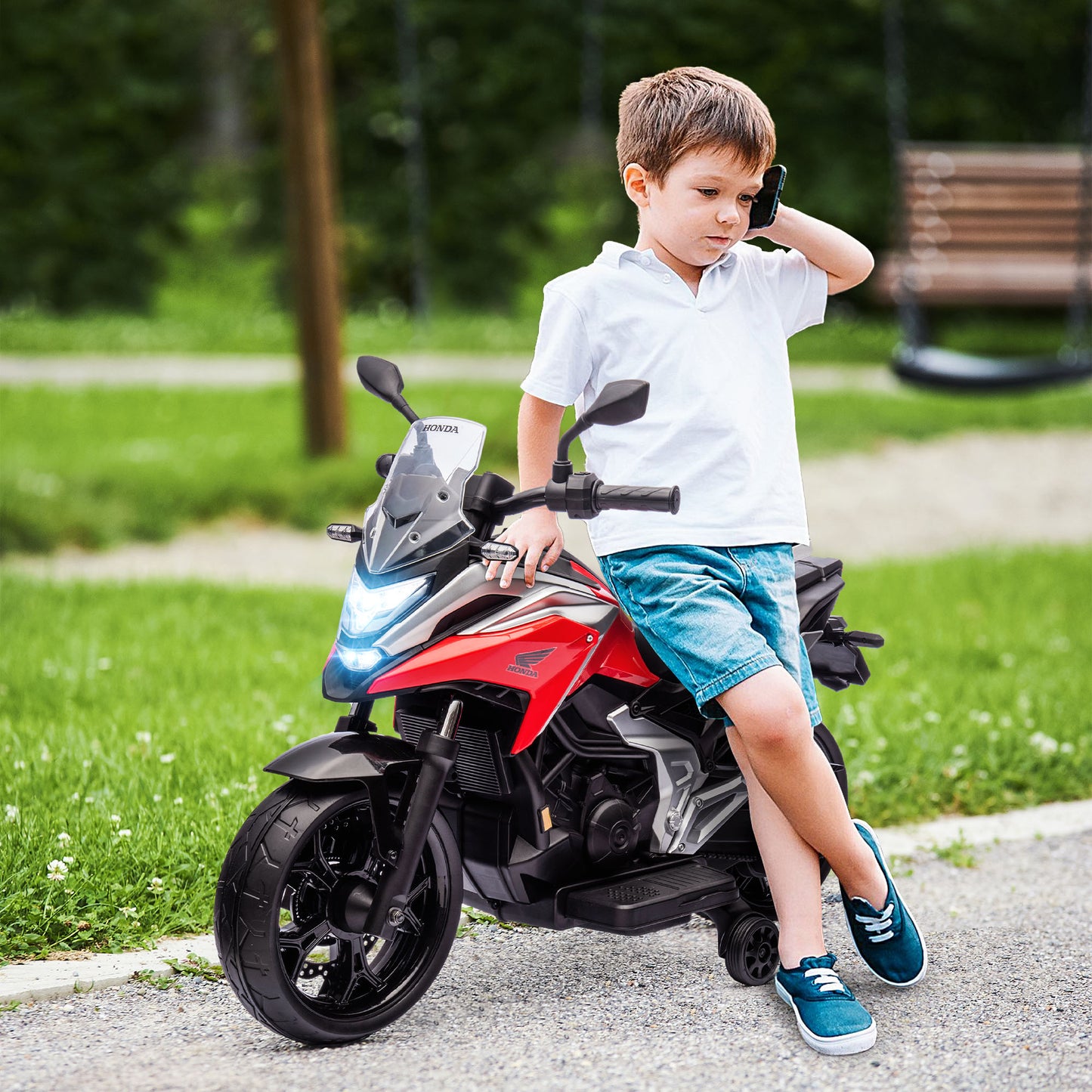 AIYAPLAY Moto Eléctrica para Niños de +3 Años con Licencia Honda Motocicleta de Batería 12V con USB MP3 Luz LED Moto para Niños con Velocidad 3 km/h Carga 30 kg Rojo