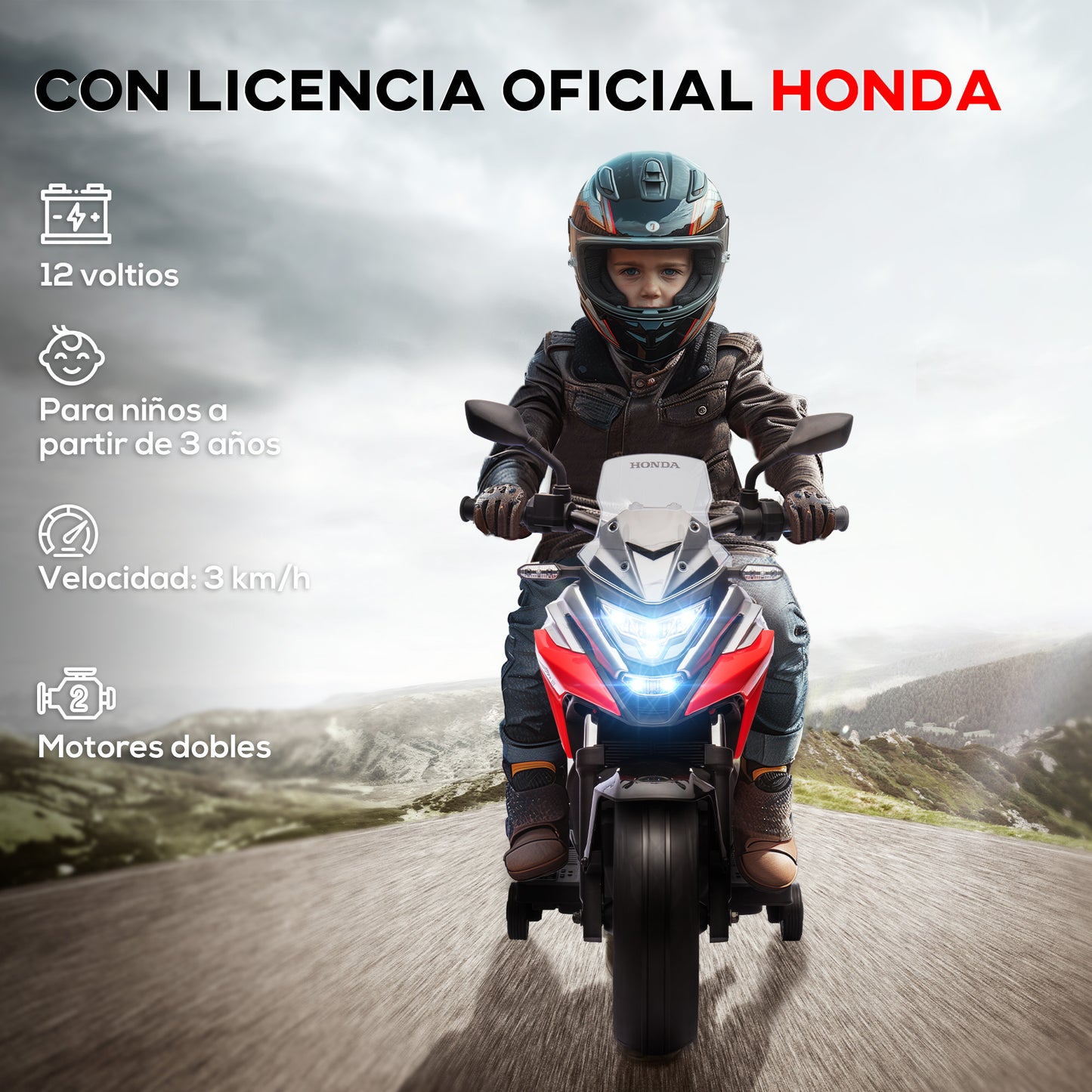 AIYAPLAY Moto Eléctrica para Niños de +3 Años con Licencia Honda Motocicleta de Batería 12V con USB MP3 Luz LED Moto para Niños con Velocidad 3 km/h Carga 30 kg Rojo